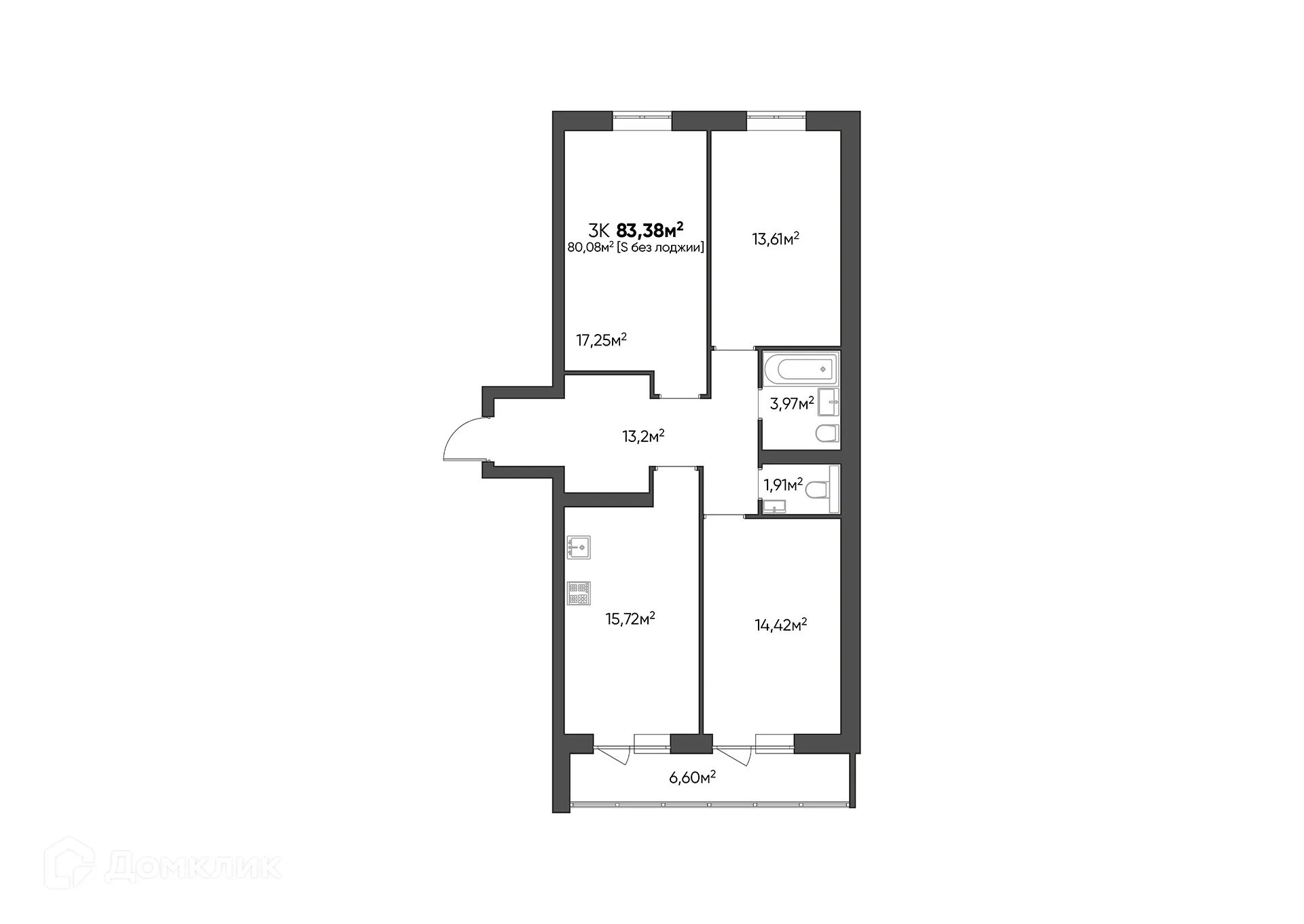 Планировка 3-комнатной квартиры 83.38 м² в ЖК Квартал, г. Волгоград — фото 2