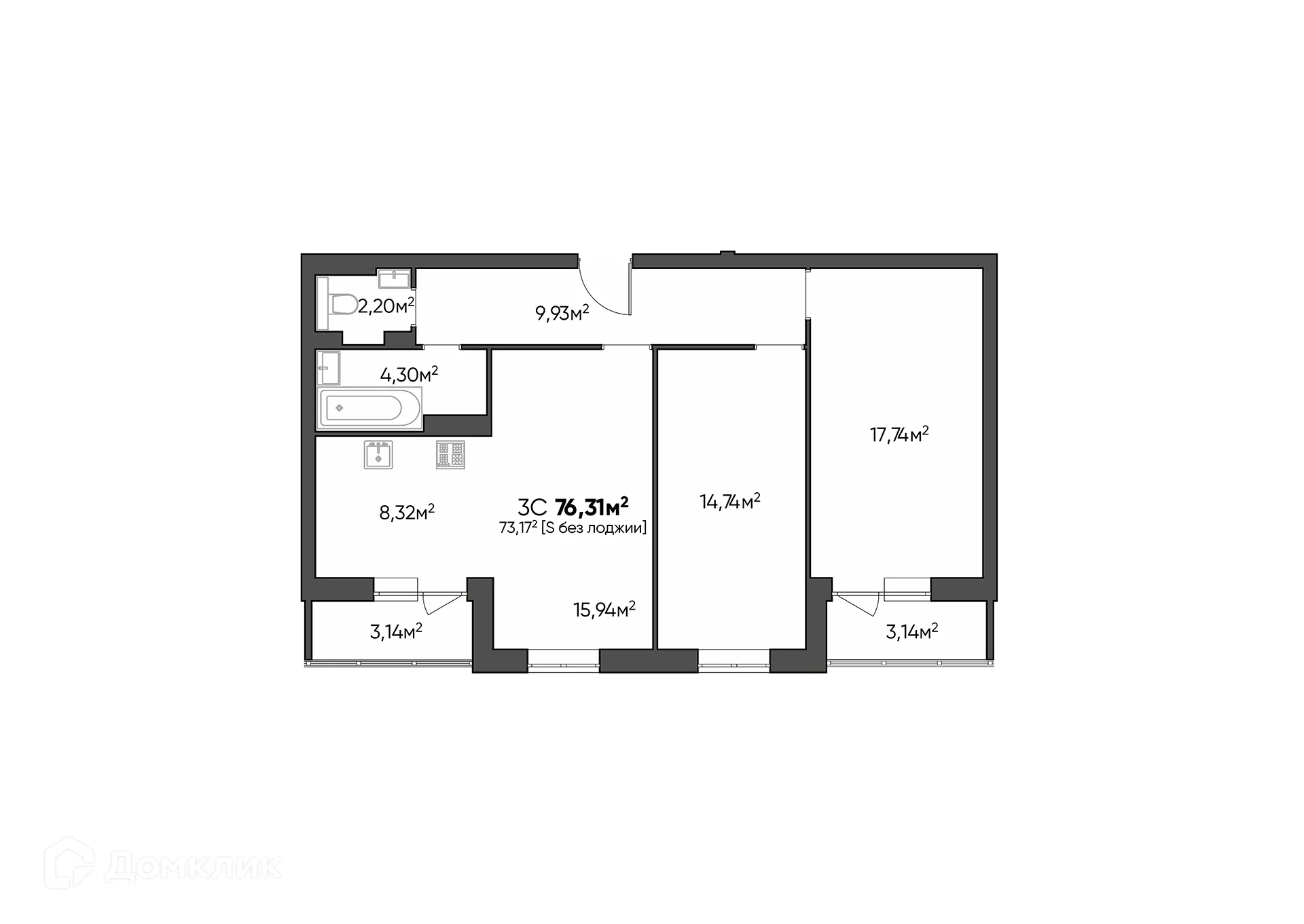 Планировка 3-комнатной квартиры 76.31 м² в ЖК Квартал, г. Волгоград — фото 2