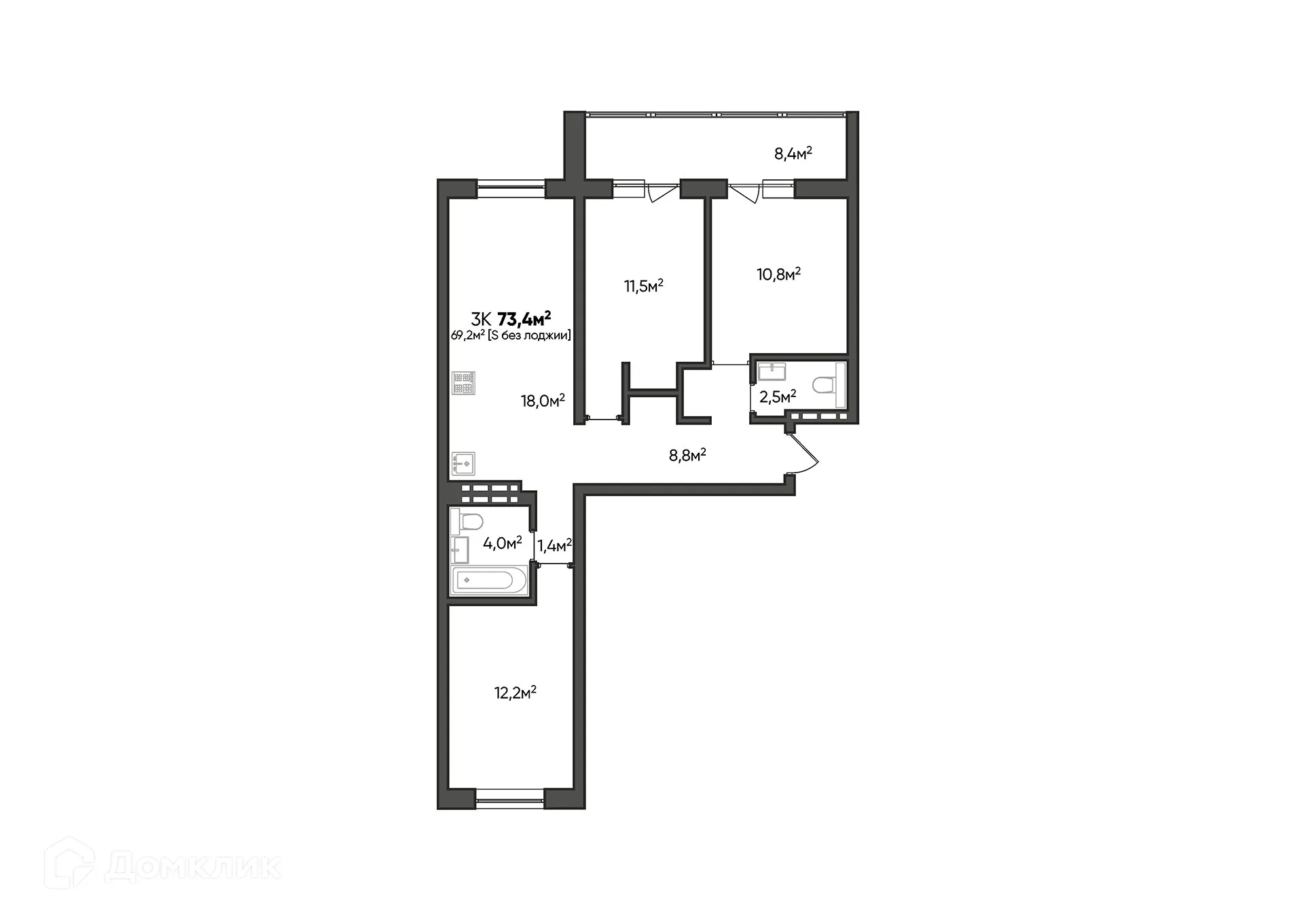 Планировка 3-комнатной квартиры 73.4 м² в ЖК Квартал, г. Волгоград — фото 2