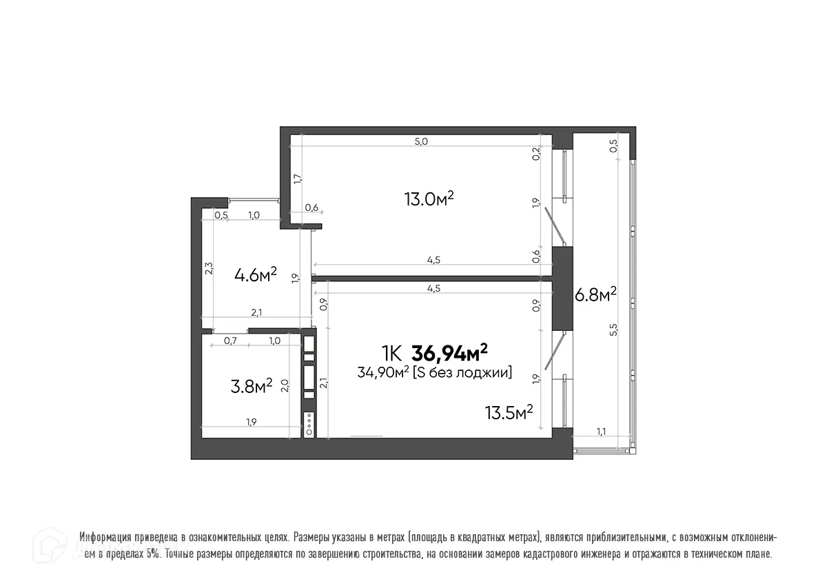 Планировка 1-комнатной квартиры 36.94 м² в ЖК Квартал, г. Волгоград — фото 3