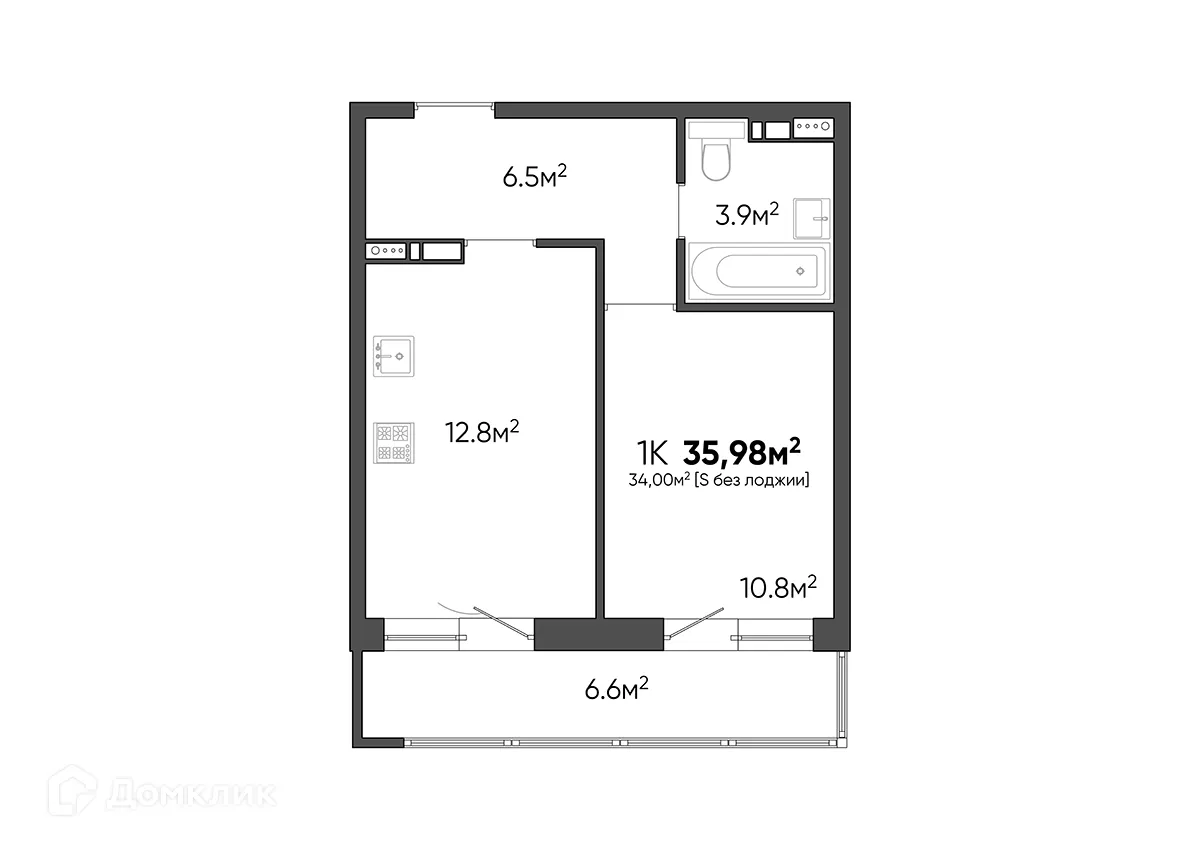Планировка 1-комнатной квартиры 35.98 м² в ЖК Квартал, г. Волгоград — фото 1