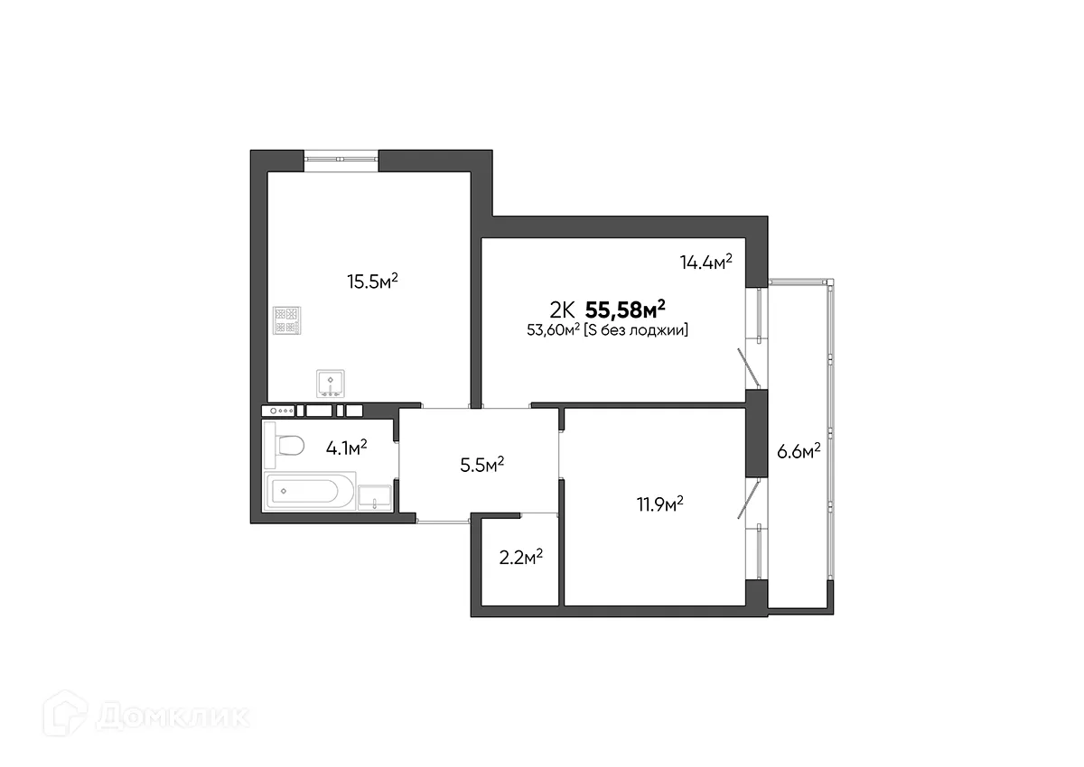 Планировка 2-комнатной квартиры 55.58 м² в ЖК Квартал, г. Волгоград — фото 1