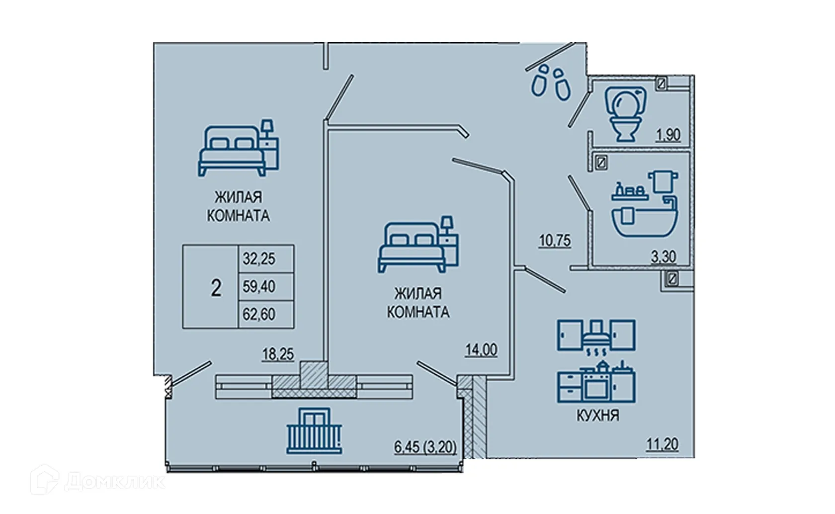Планировка 2-комнатной квартиры 63.15 м² в ЖК Петровский парк, г. Волгоград — фото 1
