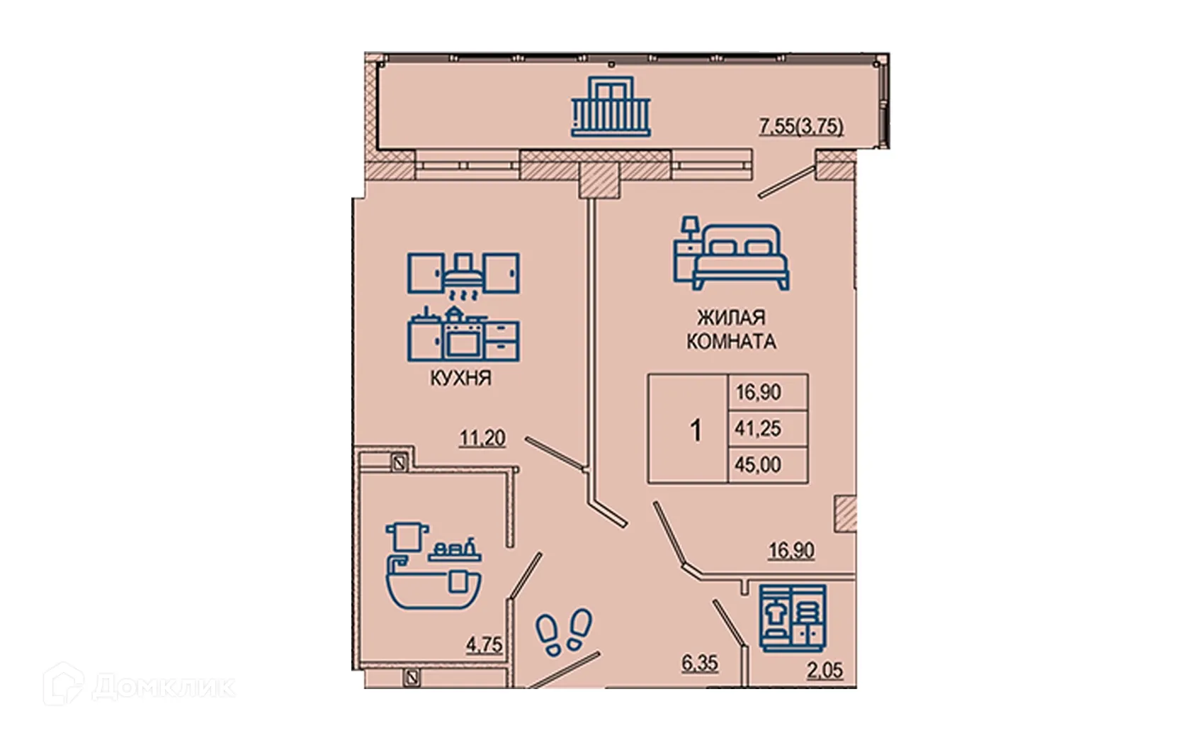 Планировка 1-комнатной квартиры 44.75 м² в ЖК Петровский парк, г. Волгоград — фото 1