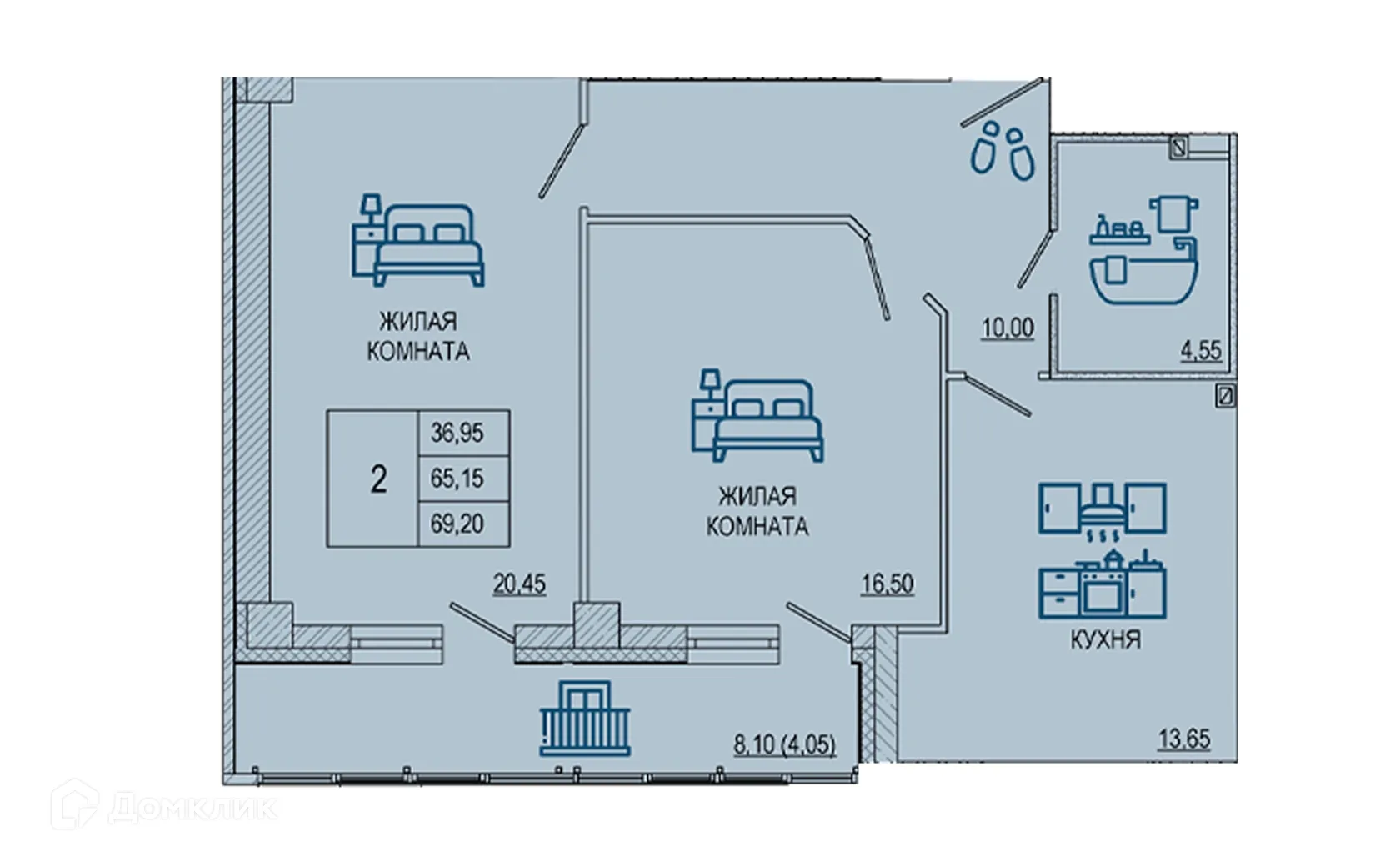 Планировка 2-комнатной квартиры 69 м² в ЖК Петровский парк, г. Волгоград — фото 1