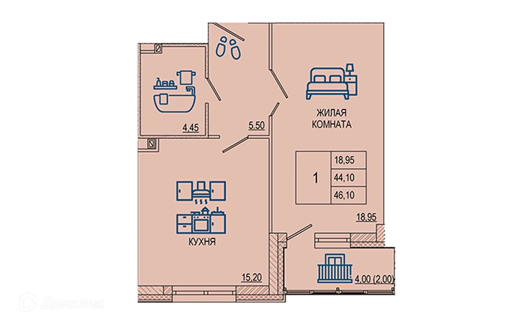 Планировка 1-комнатной квартиры 45.8 м² в ЖК Петровский парк, г. Волгоград — фото 1
