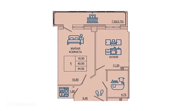 Планировка 1 комн. в ЖК Петровский парк