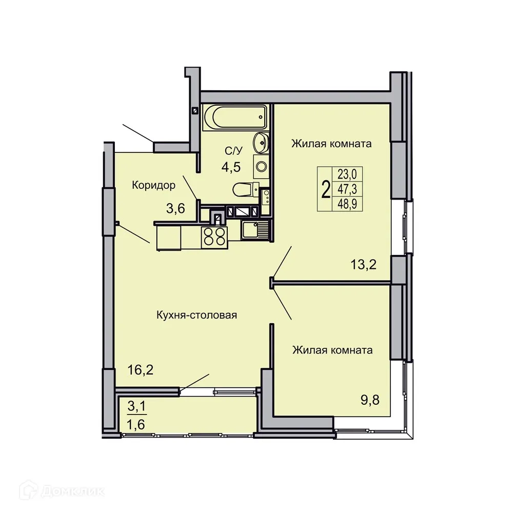 Планировка 2-комнатной квартиры 48.9 м² в ЖК Засекин, г. Волгоград — фото 3
