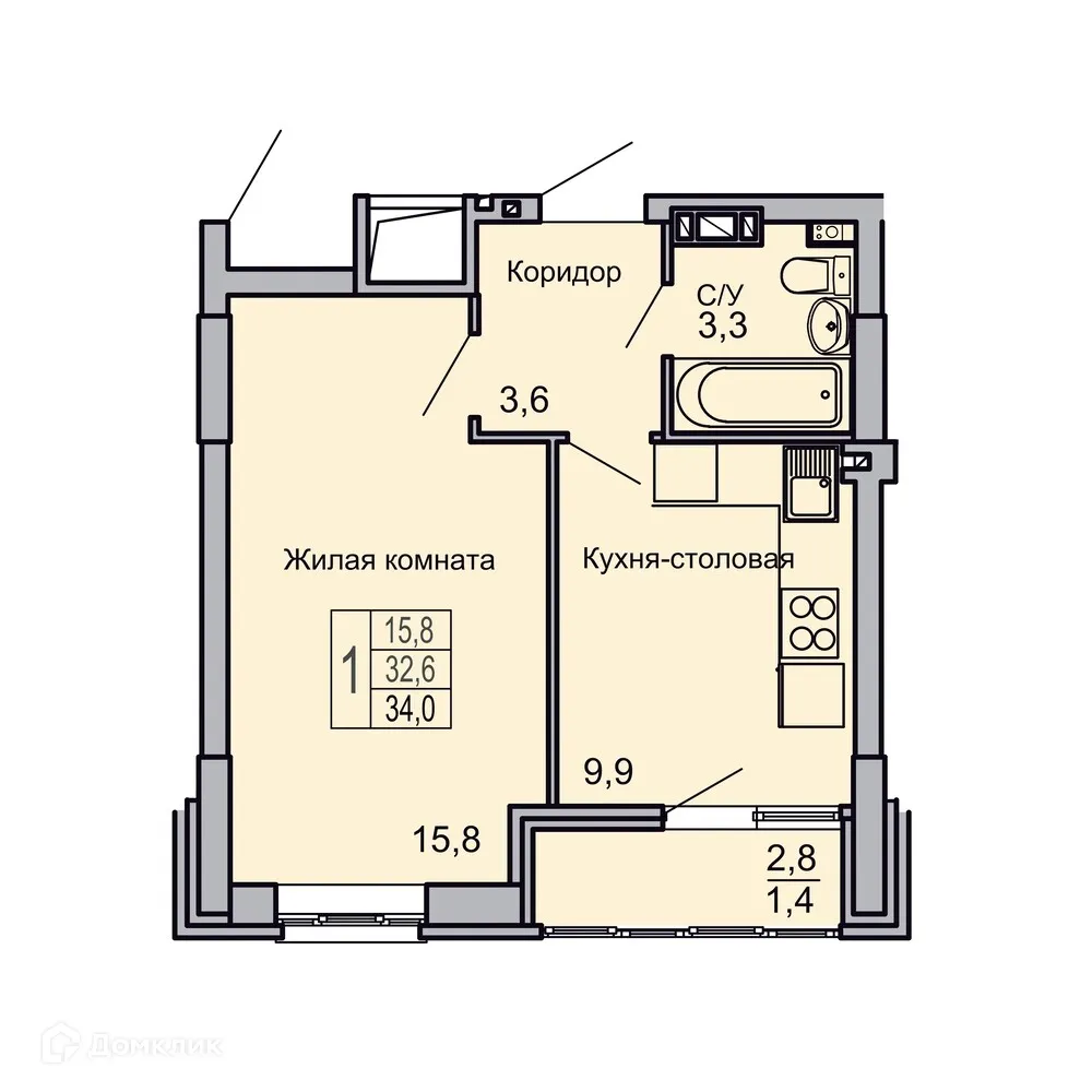 Планировка 1-комнатной квартиры 34 м² в ЖК Засекин, г. Волгоград — фото 3