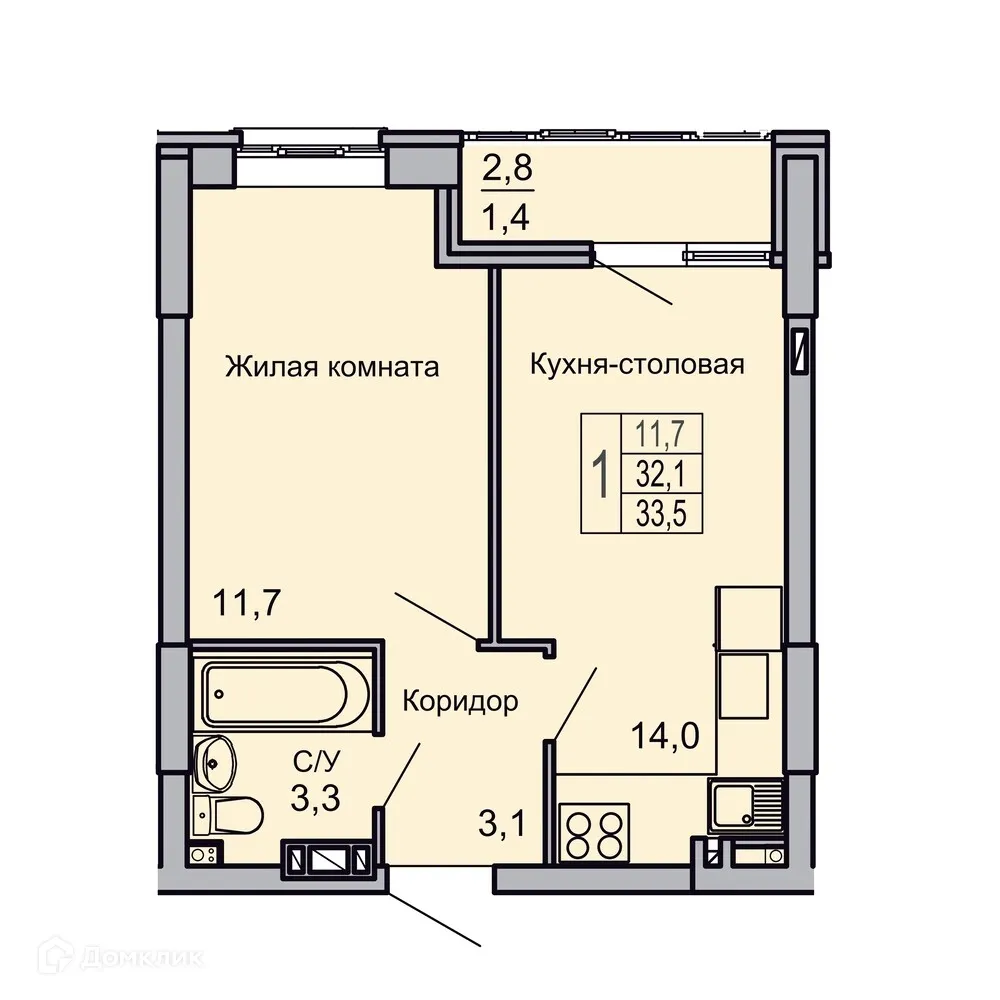 Планировка 1-комнатной квартиры 33.5 м² в ЖК Засекин, г. Волгоград — фото 3