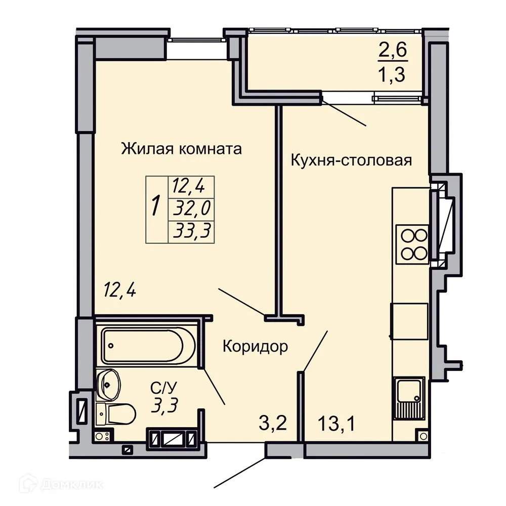 Планировка 1-комнатной квартиры 33.3 м² в ЖК Засекин, г. Волгоград — фото 1