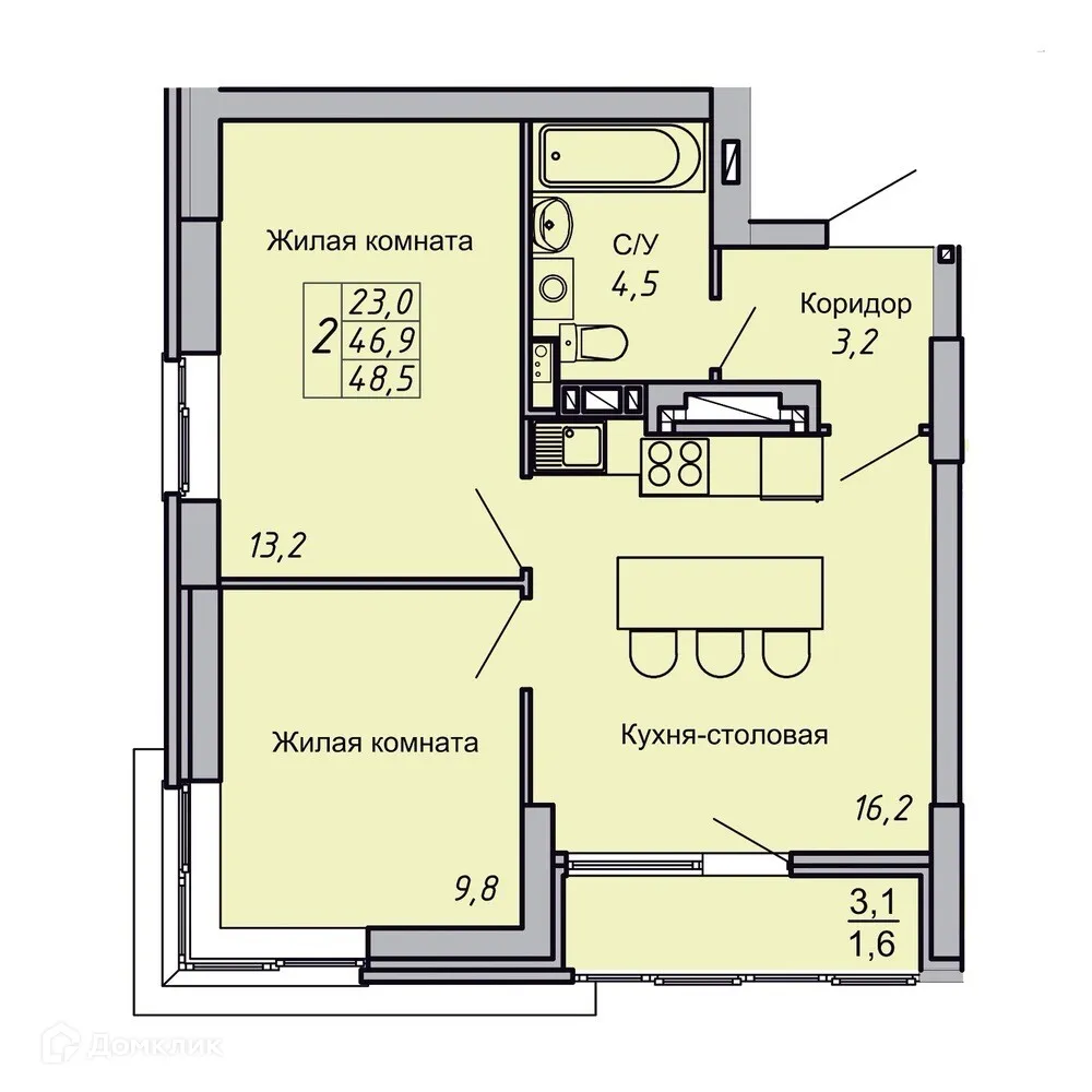 Планировка 2-комнатной квартиры 48.5 м² в ЖК Засекин, г. Волгоград — фото 1