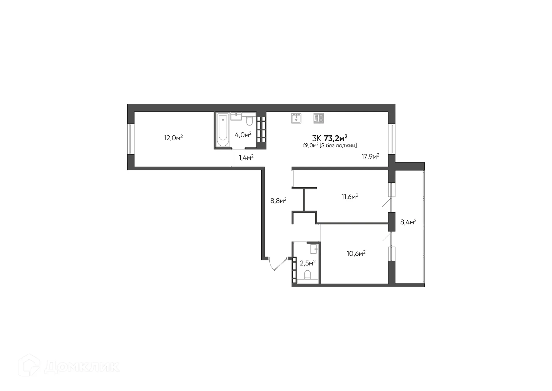 Планировка 3-комнатной квартиры 73.2 м² в ЖК Цех, г. Волгоград — фото 20