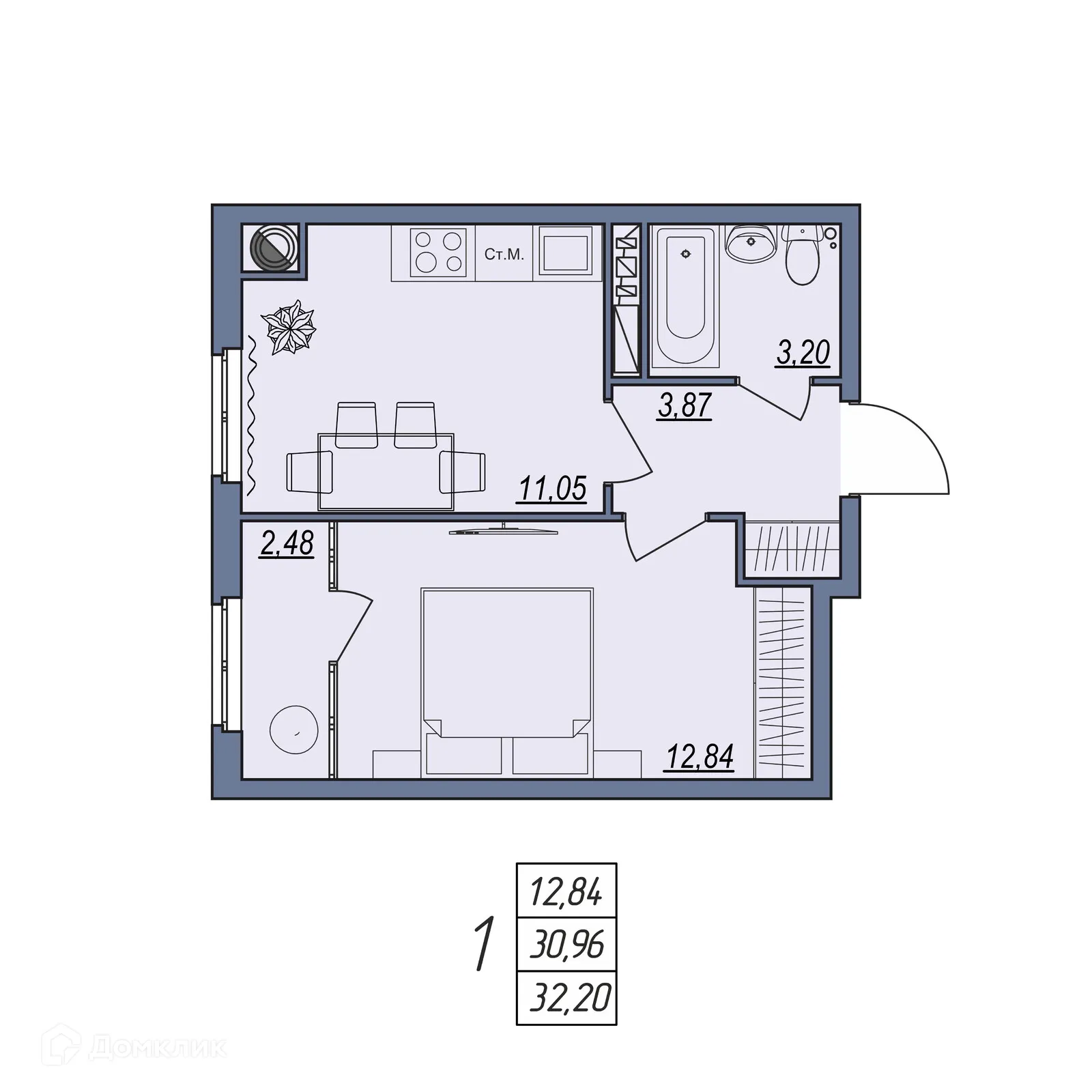 Планировка 1-комнатной квартиры 32.2 м² в ЖК Новый, г. Волгоград — фото 5