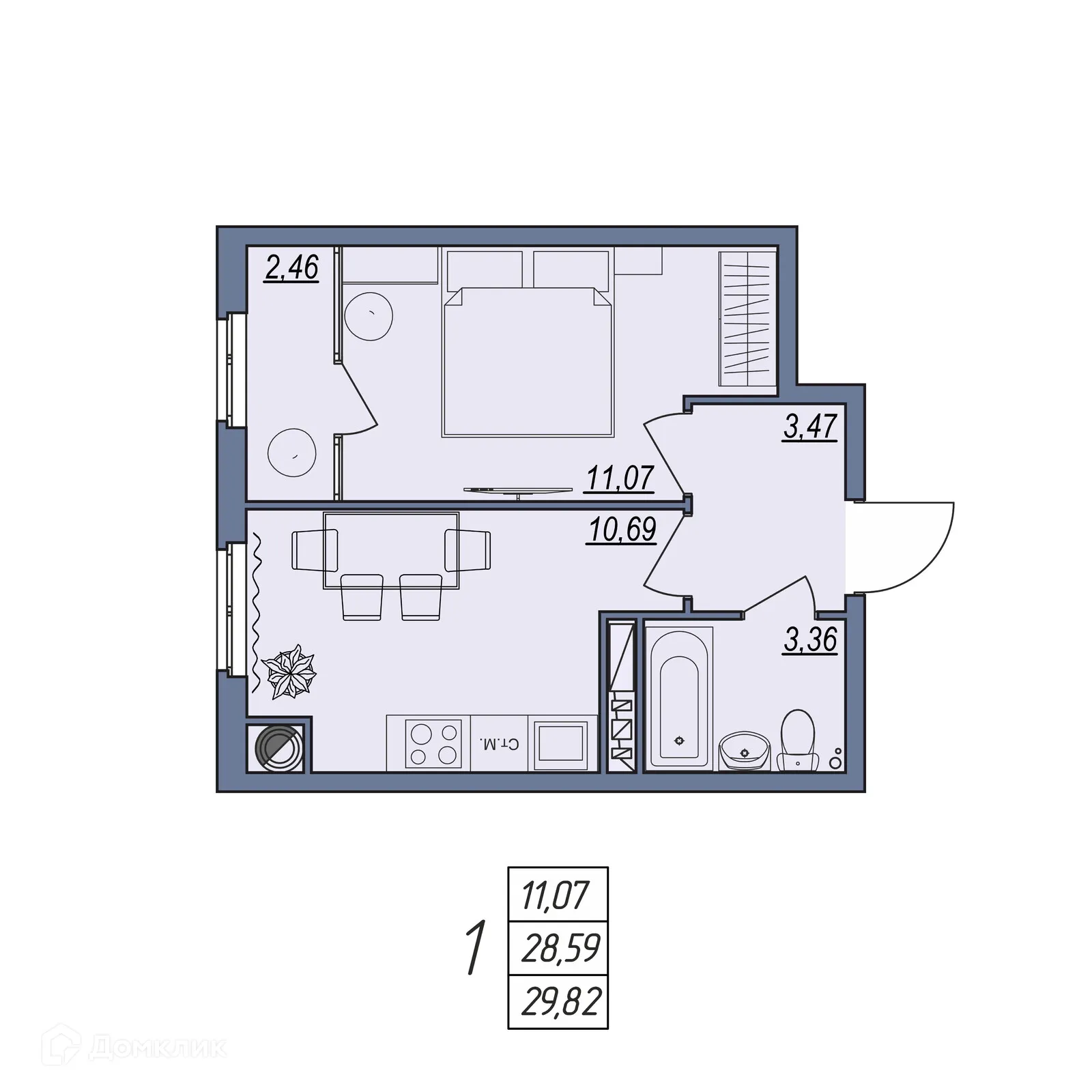 Планировка 1-комнатной квартиры 29.82 м² в ЖК Новый, г. Волгоград — фото 5