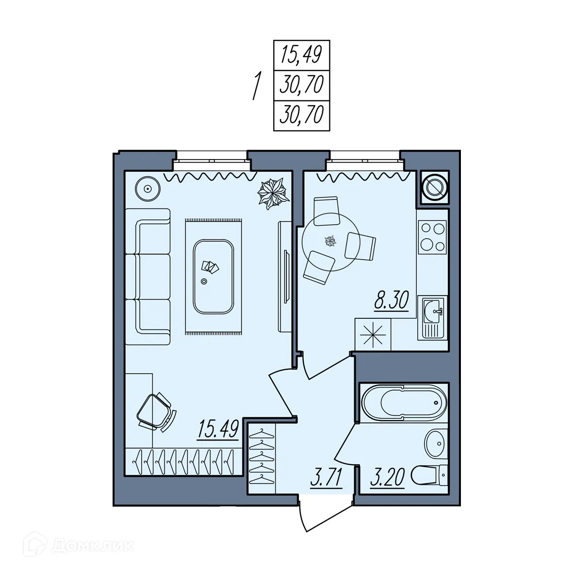 Планировка 1-комнатной квартиры 30.7 м² в ЖК Новый, г. Волгоград — фото 5