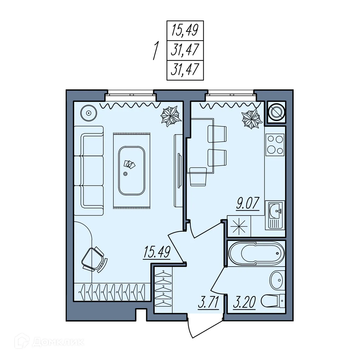 Планировка 1-комнатной квартиры 31.47 м² в ЖК Новый, г. Волгоград — фото 5