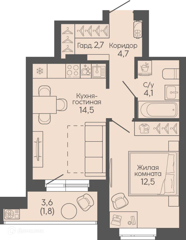 Планировка 1 комн. в ЖК Крылья Качи