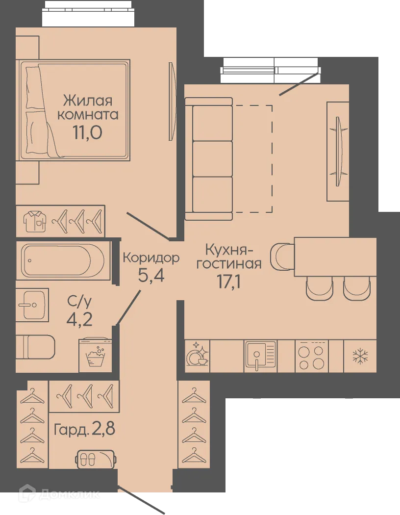 Планировка 1-комнатной квартиры 40.5 м² в ЖК Крылья Качи, г. Волгоград — фото 4