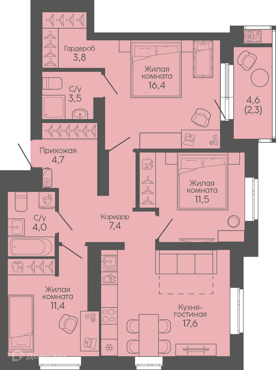 Планировка 3-комнатной квартиры 82.5 м² в ЖК Крылья Качи, г. Волгоград — фото 3