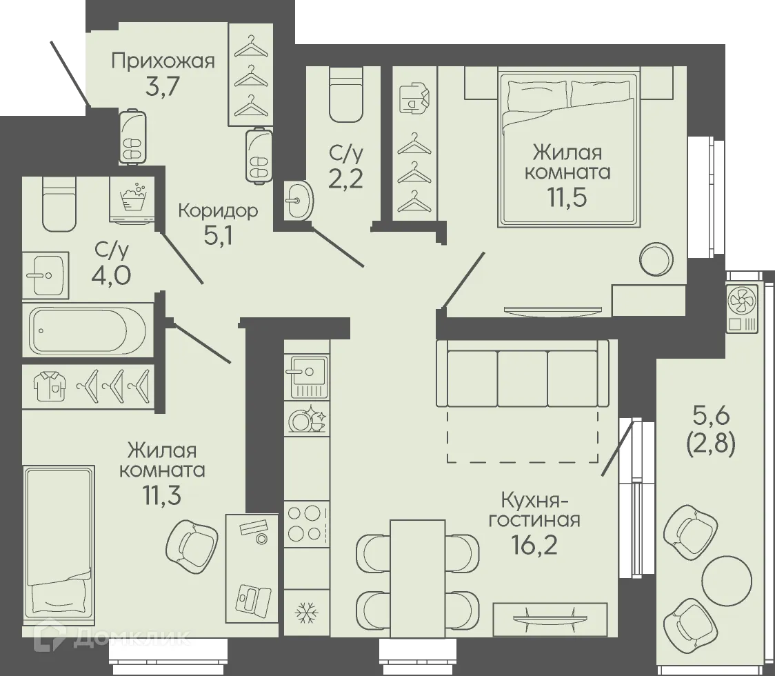 Планировка 2-комнатной квартиры 56.8 м² в ЖК Крылья Качи, г. Волгоград — фото 4