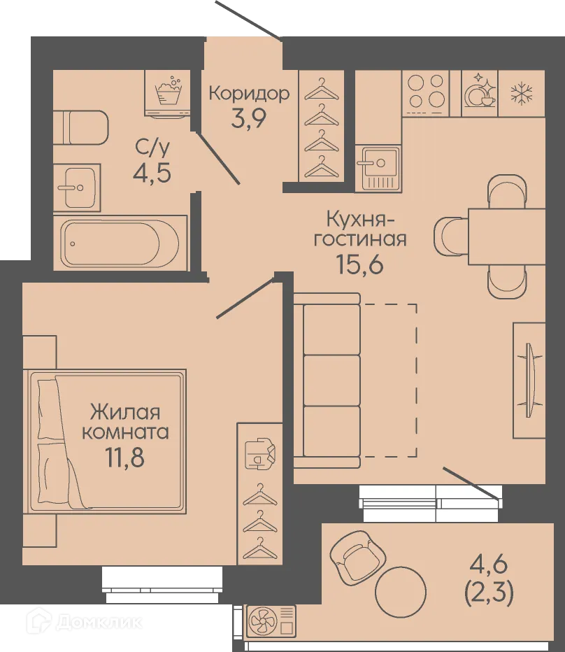 Планировка 1-комнатной квартиры 38.1 м² в ЖК Крылья Качи, г. Волгоград — фото 3