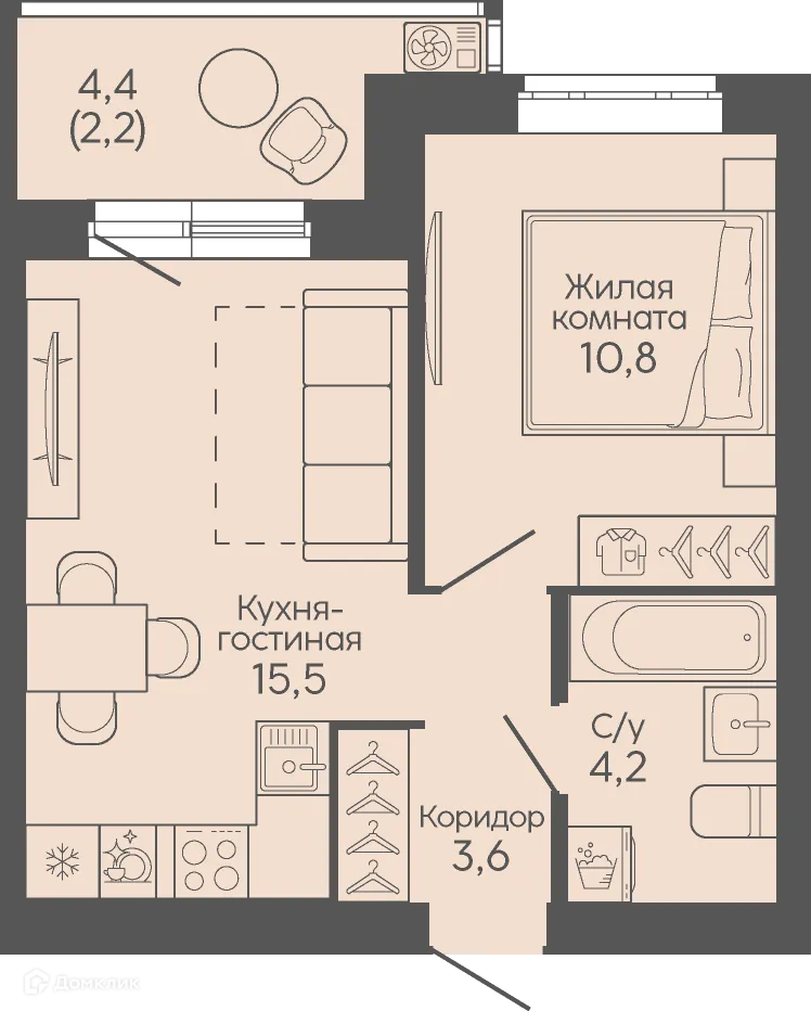 Планировка 1-комнатной квартиры 36.3 м² в ЖК Крылья Качи, г. Волгоград — фото 1