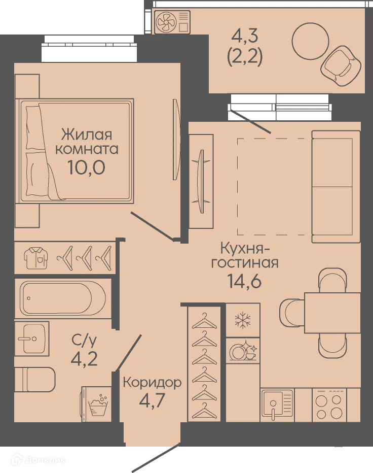 Планировка 1-комнатной квартиры 35.7 м² в ЖК Крылья Качи, г. Волгоград — фото 1