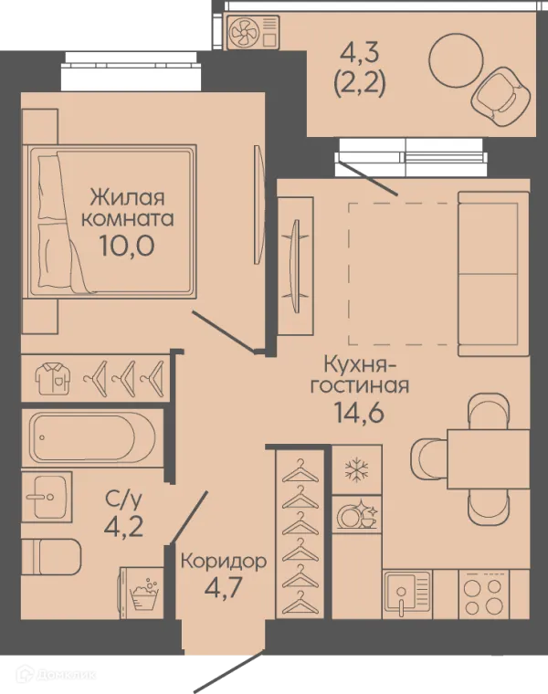 Планировка 1 комн. в ЖК Крылья Качи