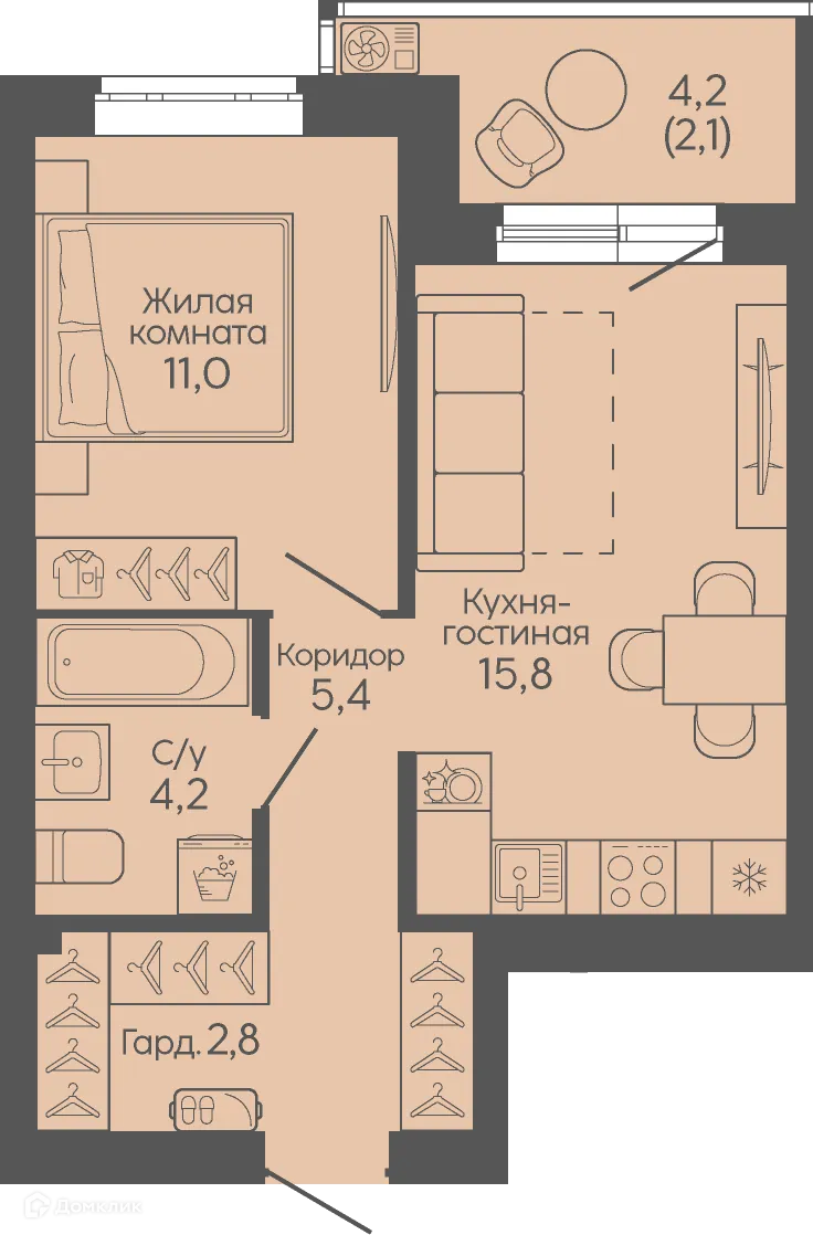 Планировка 1-комнатной квартиры 41.3 м² в ЖК Крылья Качи, г. Волгоград — фото 3