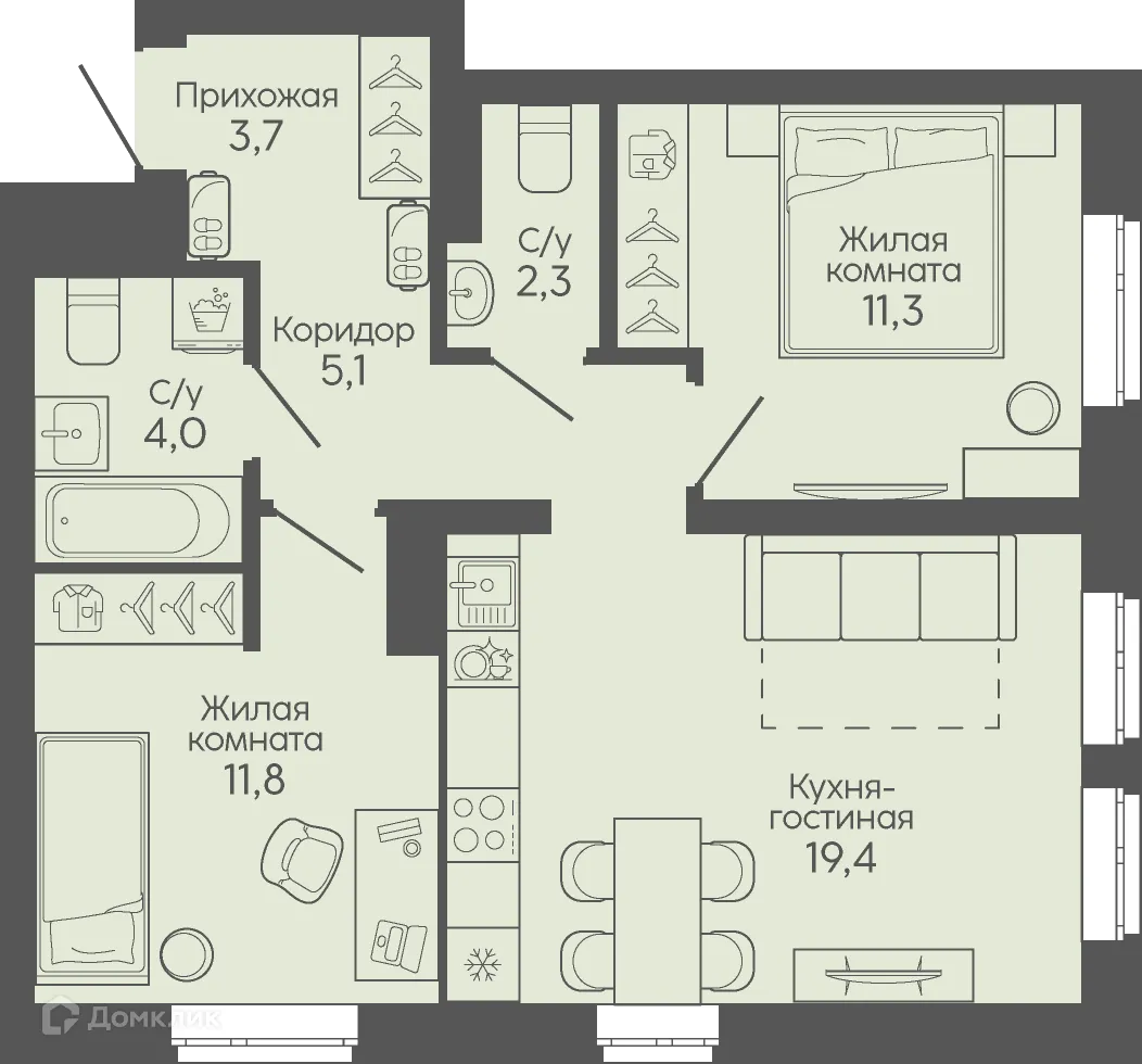 Планировка 2-комнатной квартиры 57.6 м² в ЖК Крылья Качи, г. Волгоград — фото 4