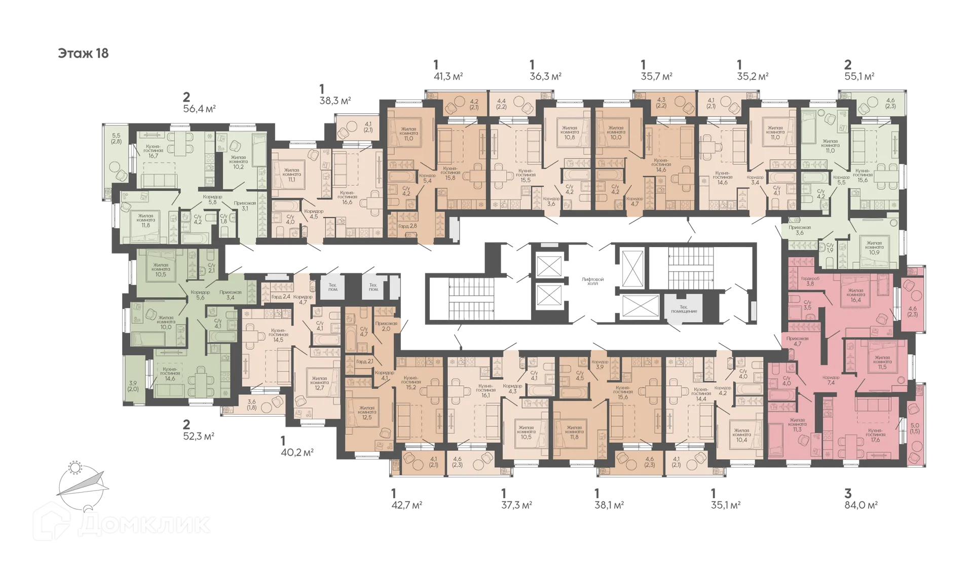 Планировка 3-комнатной квартиры 84 м² в ЖК Крылья Качи, г. Волгоград — фото 2