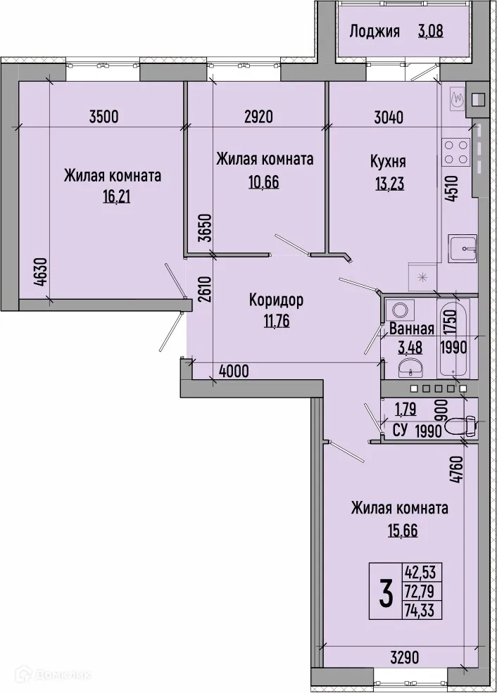 Планировка 3-комнатной квартиры 74.33 м² в ЖК Долина, г. Волгоград — фото 1