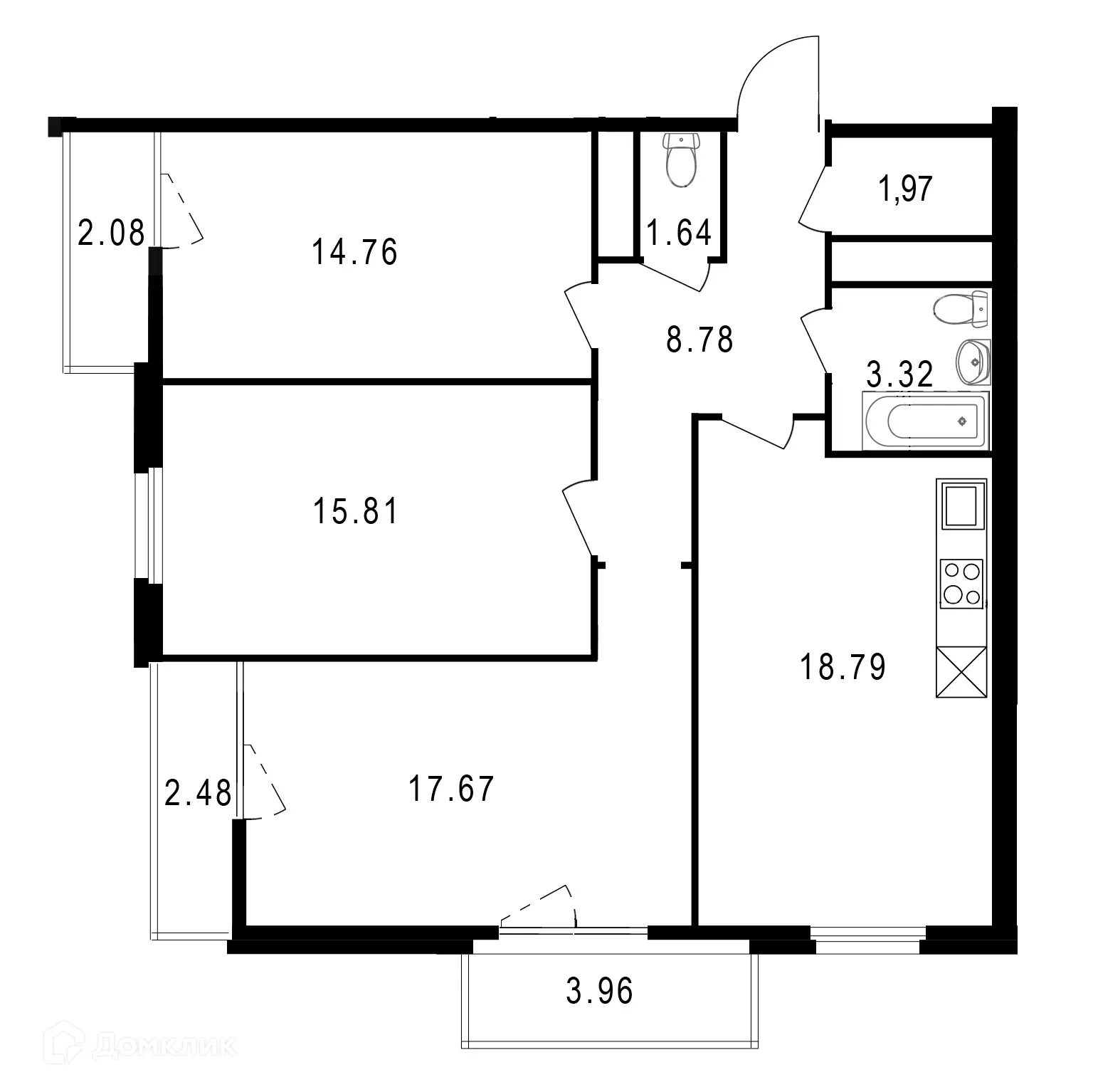 Планировка 3-комнатной квартиры 86.21 м² в ЖК Парк у реки, г. Волгоград — фото 1