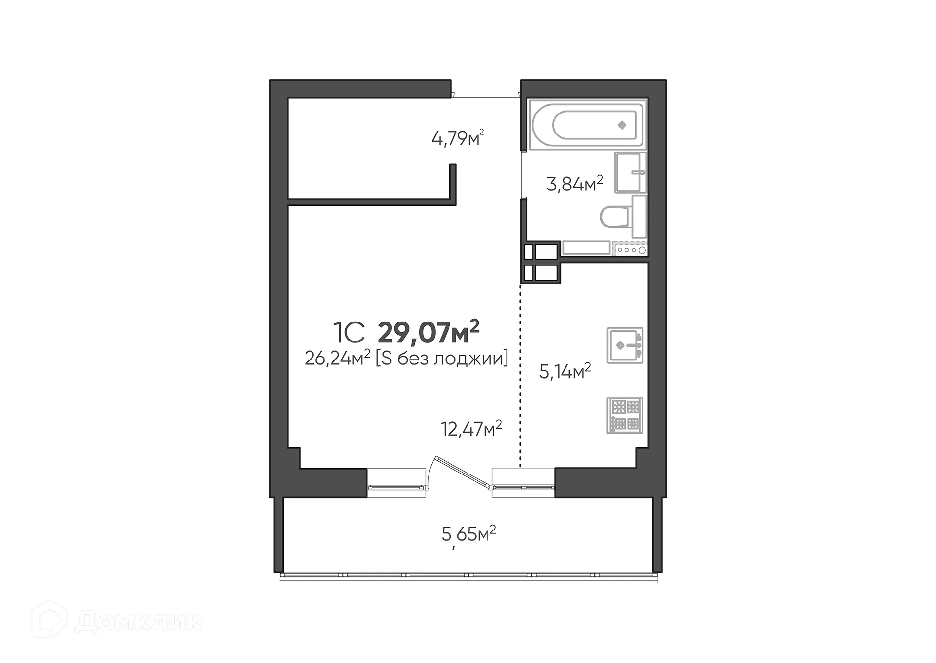 Планировка студии квартиры 29.07 м² в ЖК Парк Европейский, г. Волгоград — фото 13