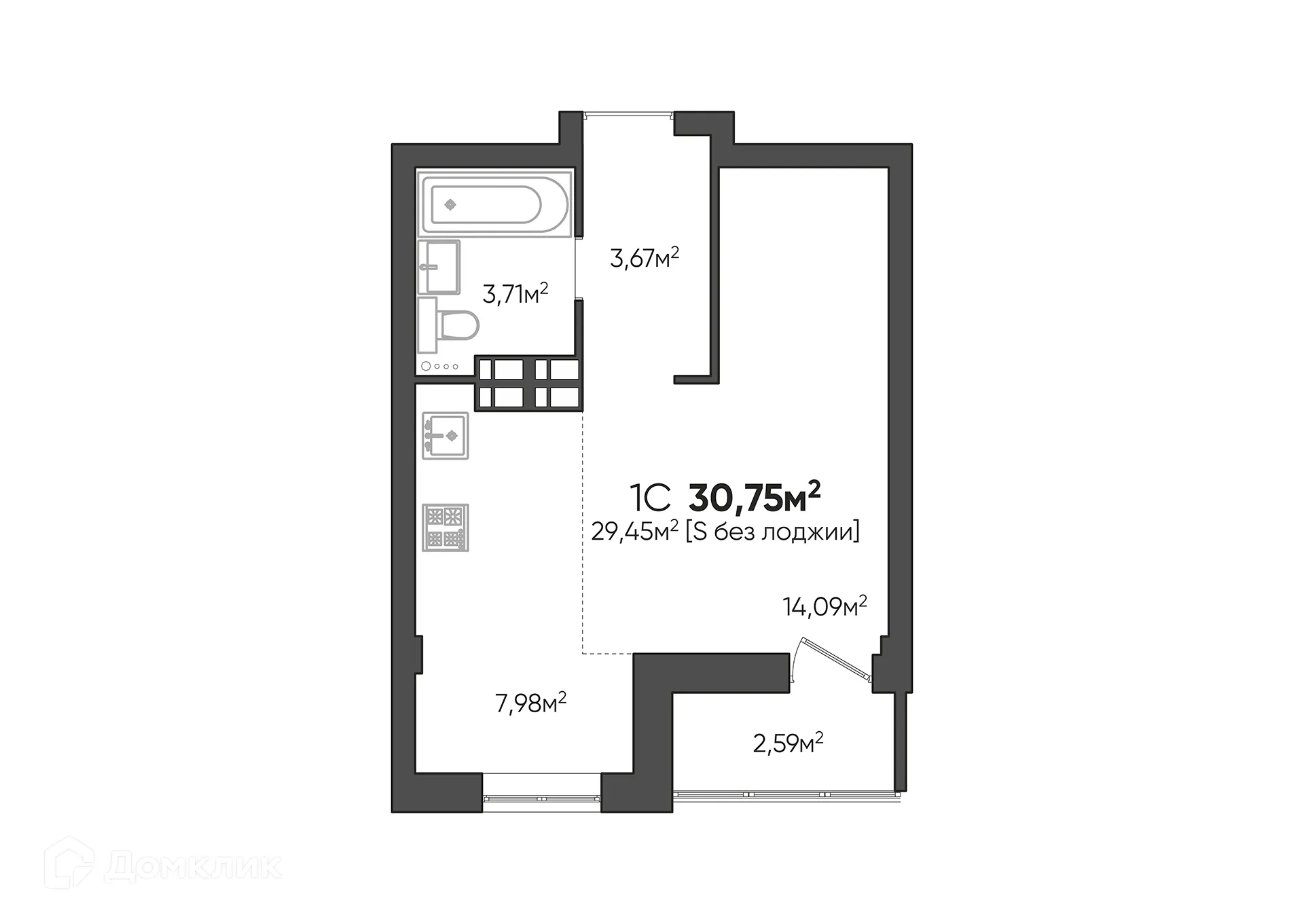 Планировка студии квартиры 30.75 м² в ЖК Парк Европейский, г. Волгоград — фото 2