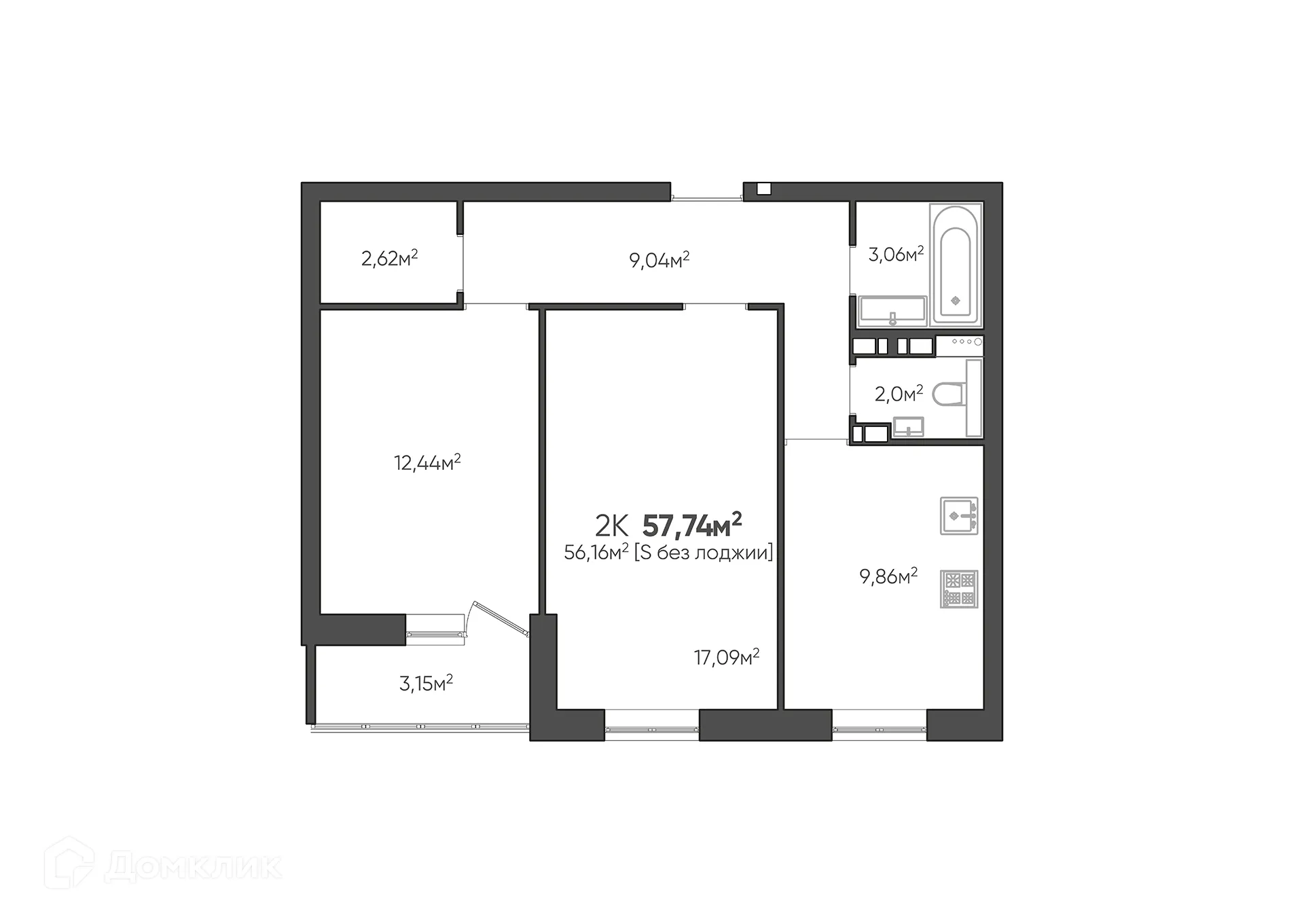 Планировка 2-комнатной квартиры 57.74 м² в ЖК Парк Европейский, г. Волгоград — фото 2