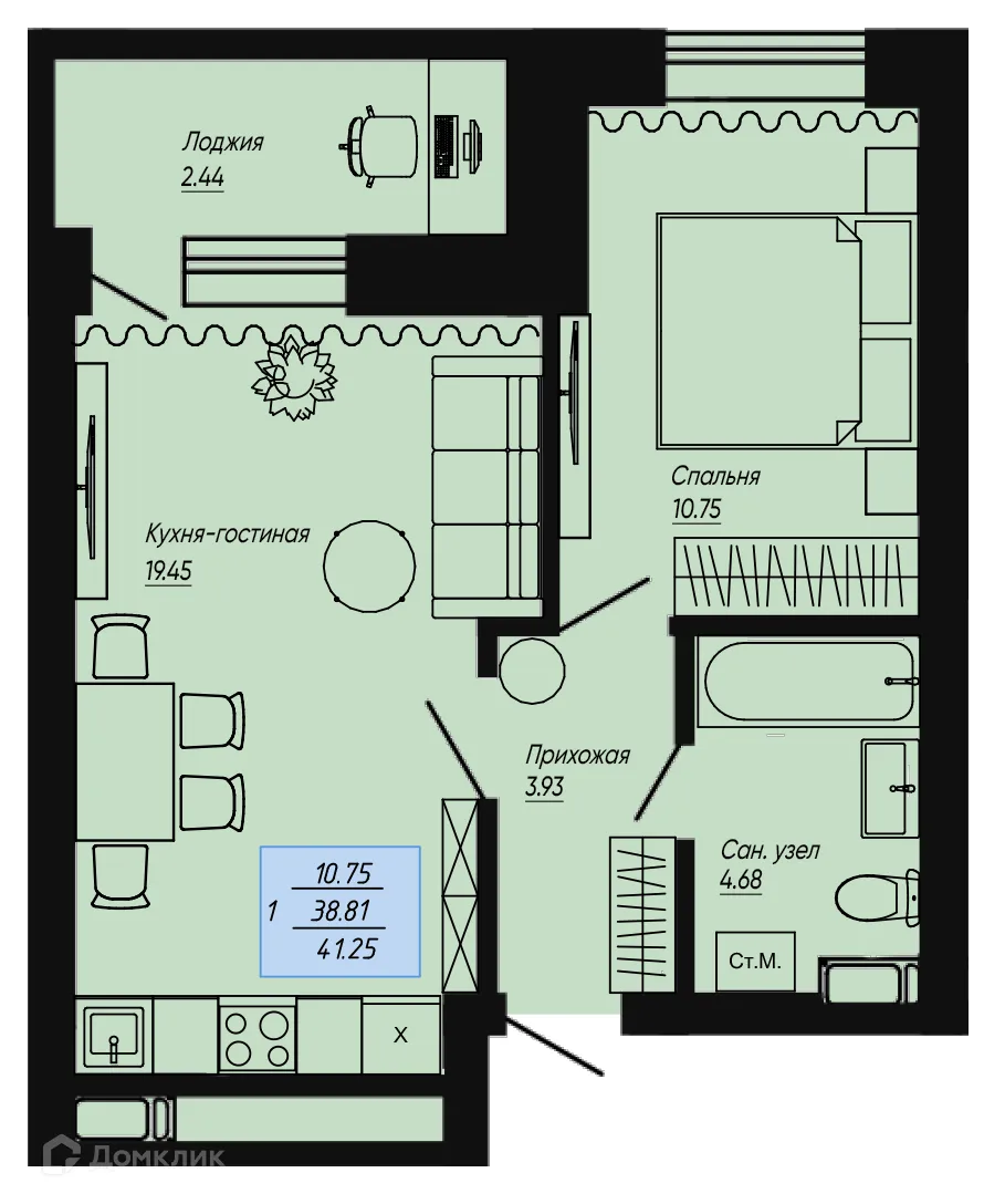 Планировка 1-комнатной квартиры 41.25 м² в ЖК Клевер, г. Волгоград — фото 1