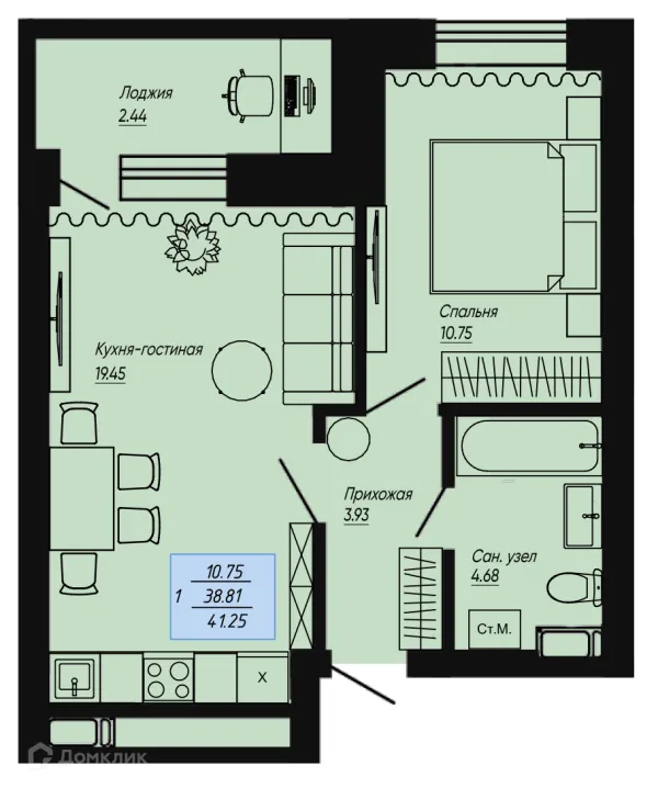 Планировка 1 комн. в ЖК Клевер