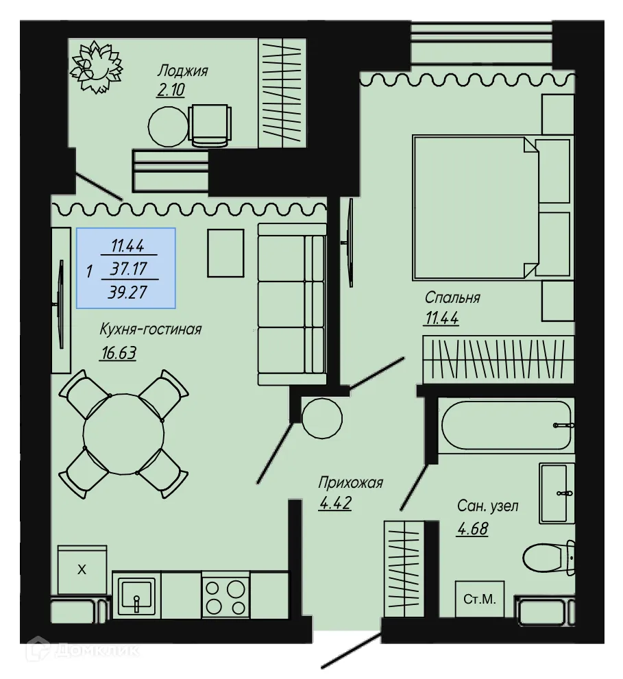 Планировка 1-комнатной квартиры 39.27 м² в ЖК Клевер, г. Волгоград — фото 1