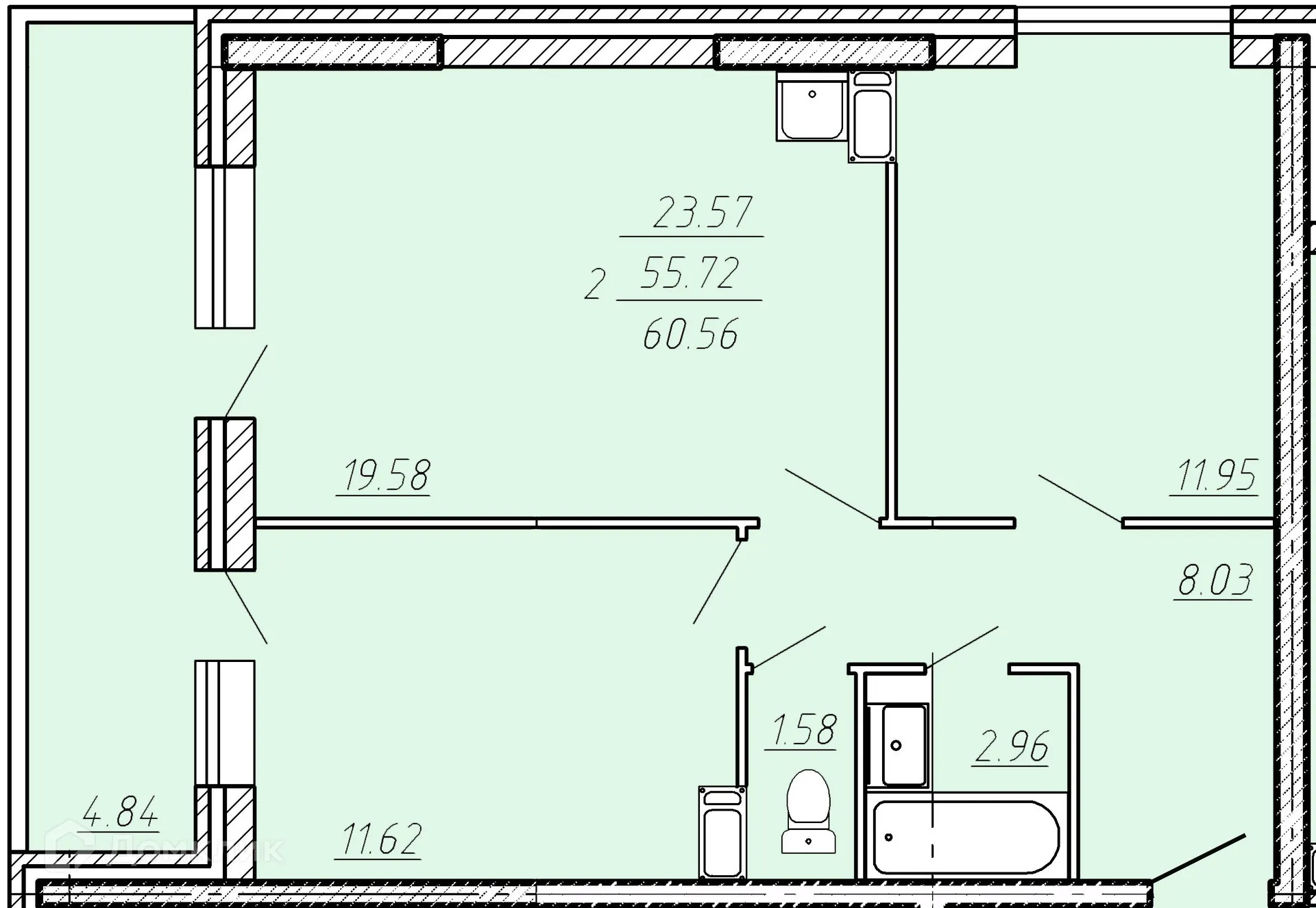 Планировка 2-комнатной квартиры 60.56 м² в ЖК Клевер, г. Волгоград — фото 1