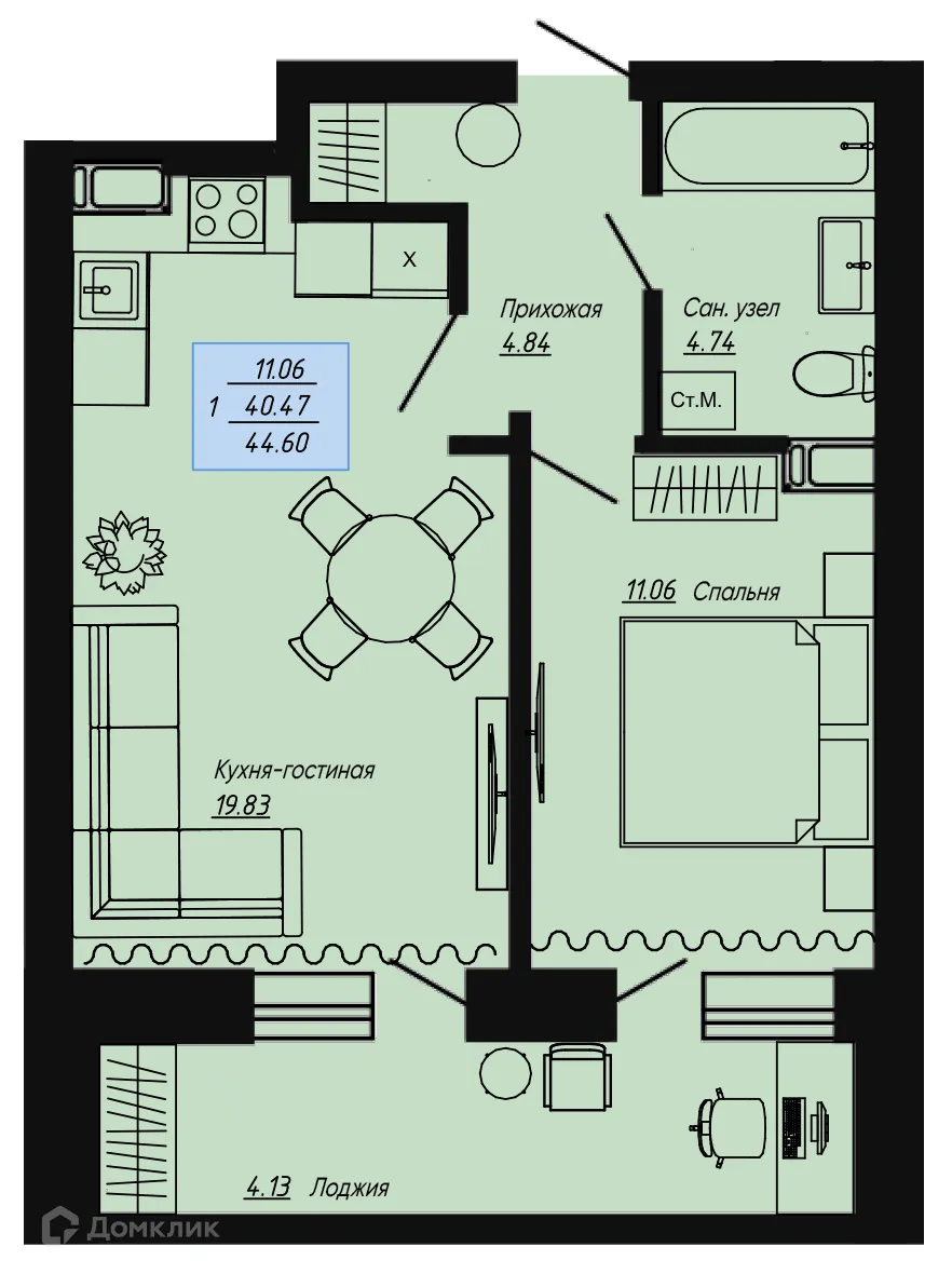Планировка 1-комнатной квартиры 44.6 м² в ЖК Клевер, г. Волгоград — фото 1