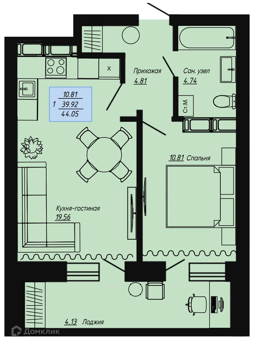 Планировка 1-комнатной квартиры 44.05 м² в ЖК Клевер, г. Волгоград — фото 1