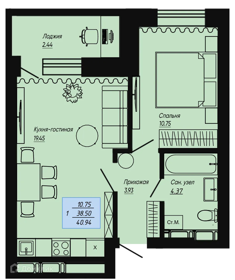 Планировка 1-комнатной квартиры 40.94 м² в ЖК Клевер, г. Волгоград — фото 1