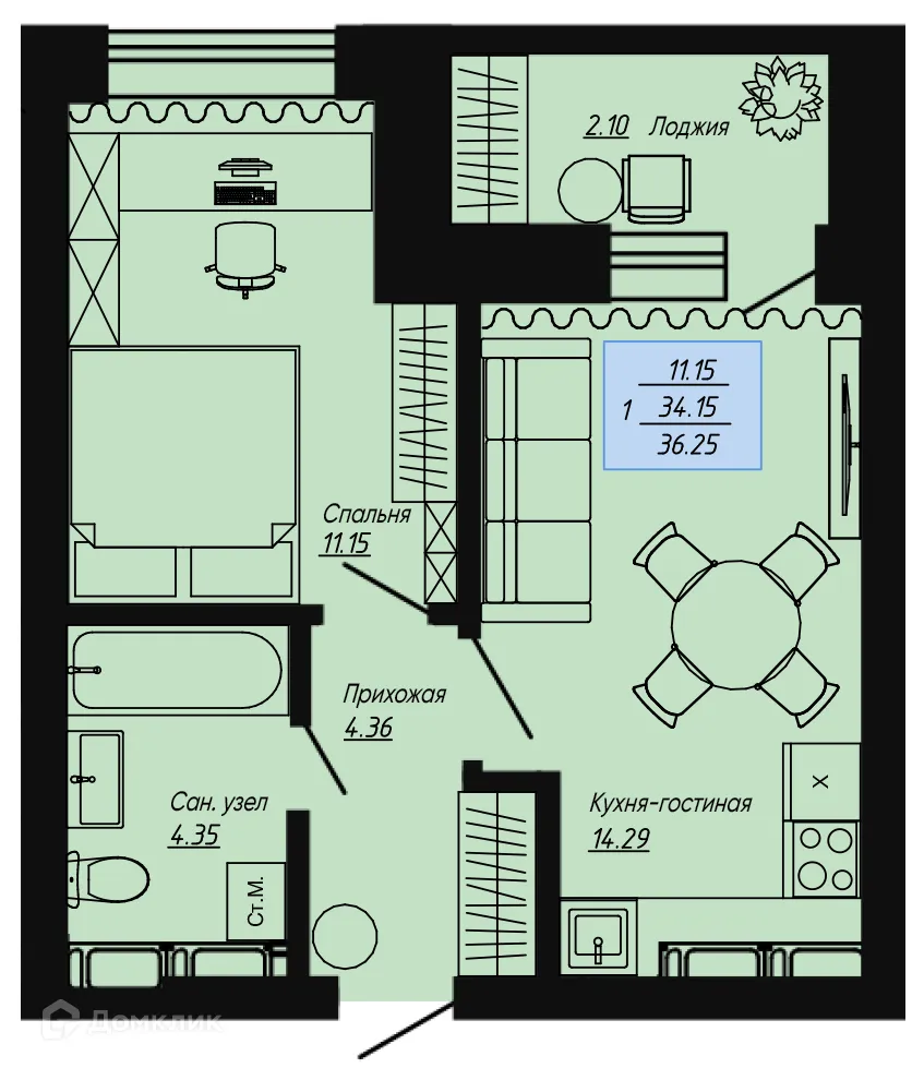 Планировка 1-комнатной квартиры 36.25 м² в ЖК Клевер, г. Волгоград — фото 1