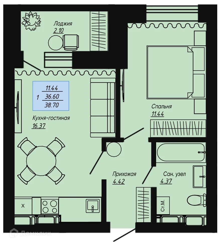 Планировка 1-комнатной квартиры 38.7 м² в ЖК Клевер, г. Волгоград — фото 1