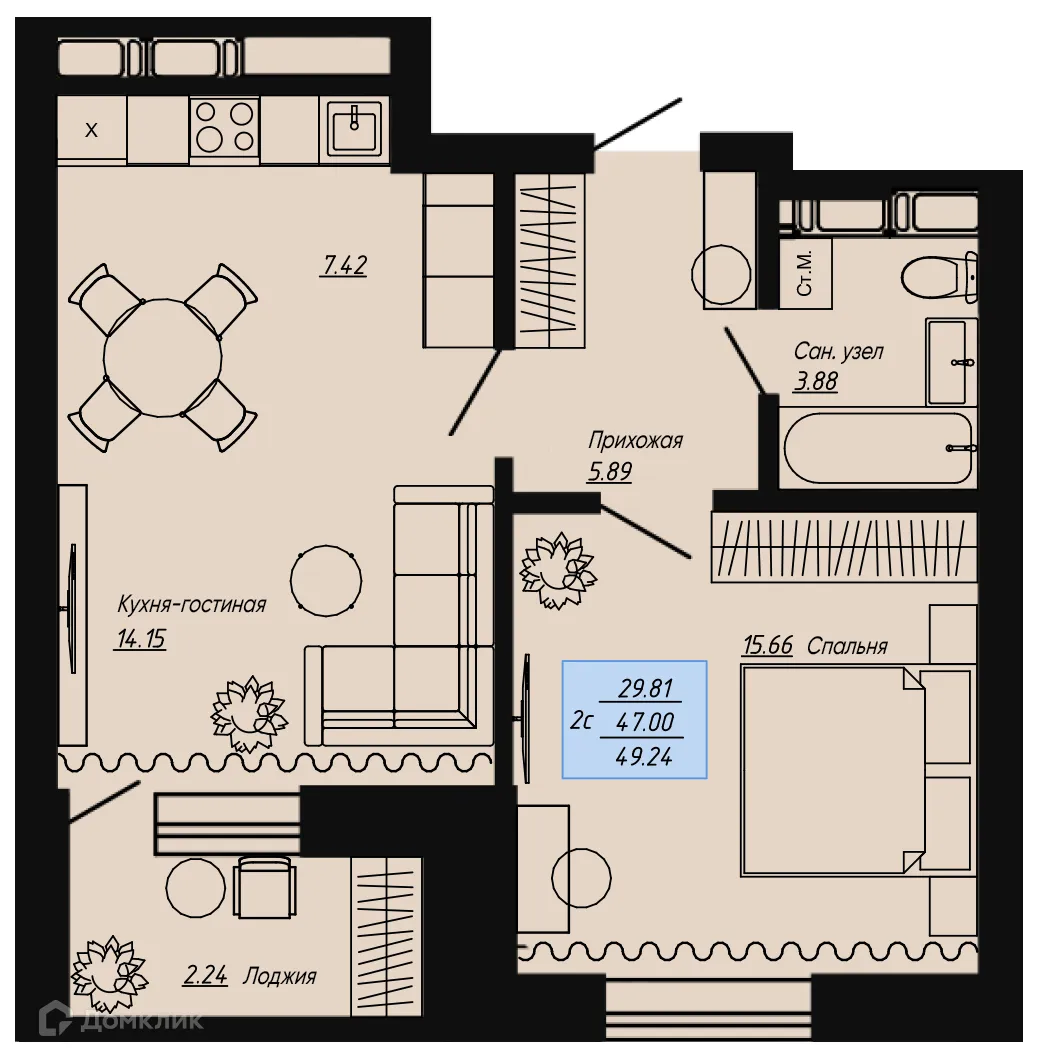 Планировка 2-комнатной квартиры 49.24 м² в ЖК Клевер, г. Волгоград — фото 1