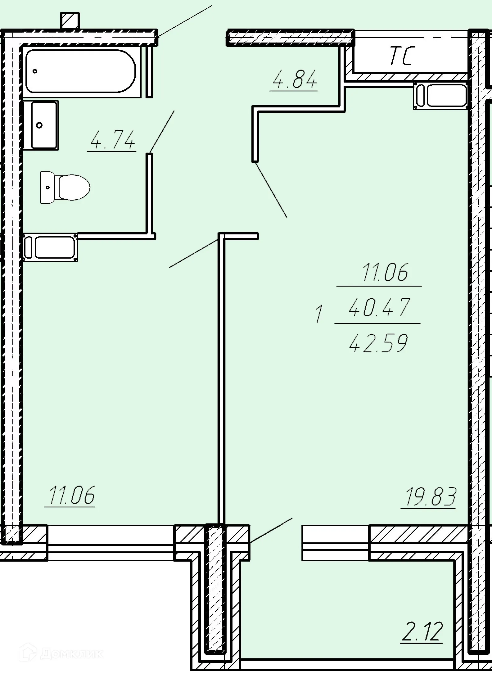 Планировка 1-комнатной квартиры 42.59 м² в ЖК Клевер, г. Волгоград — фото 1