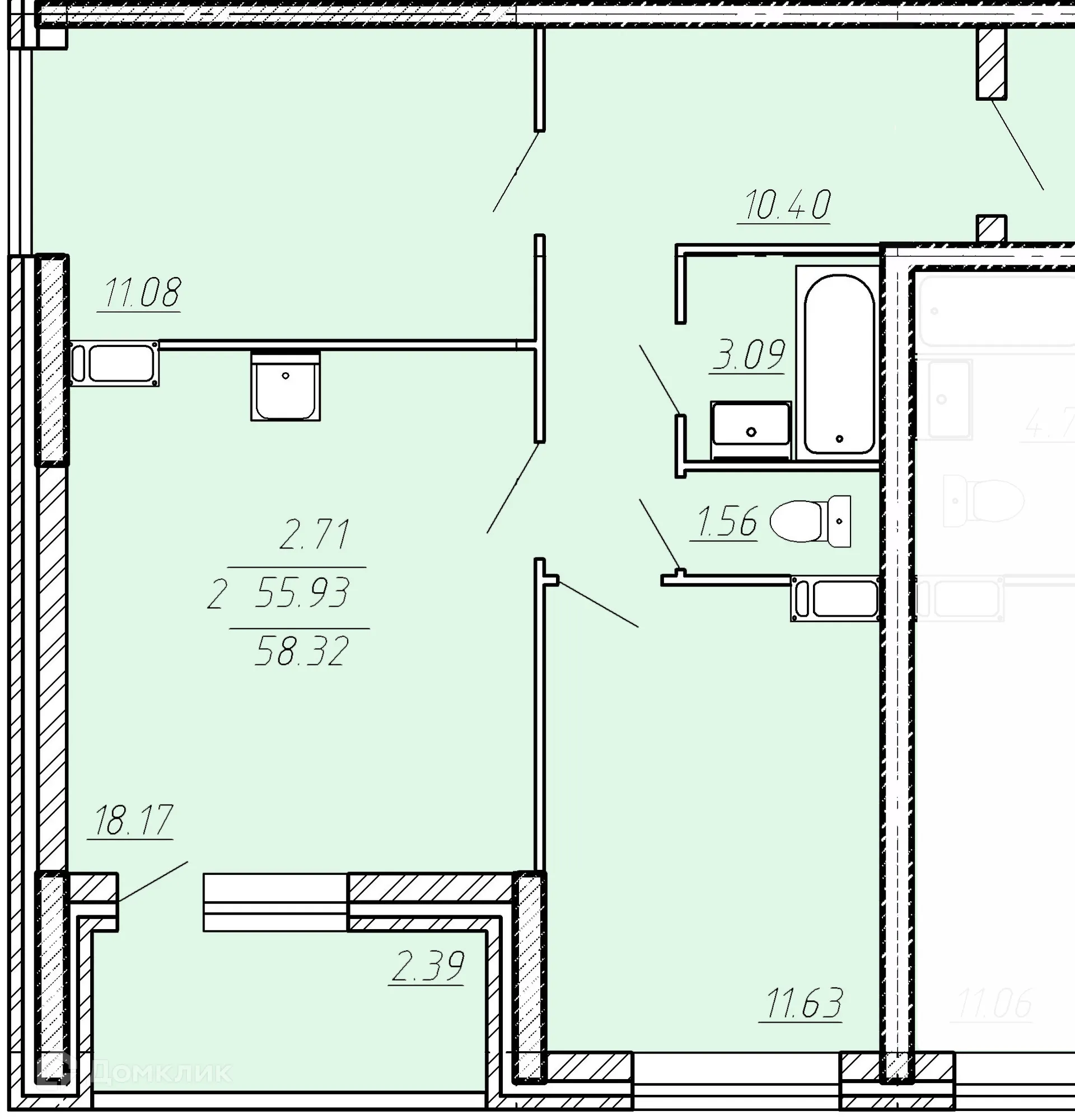 Планировка 2-комнатной квартиры 58.32 м² в ЖК Клевер, г. Волгоград — фото 1