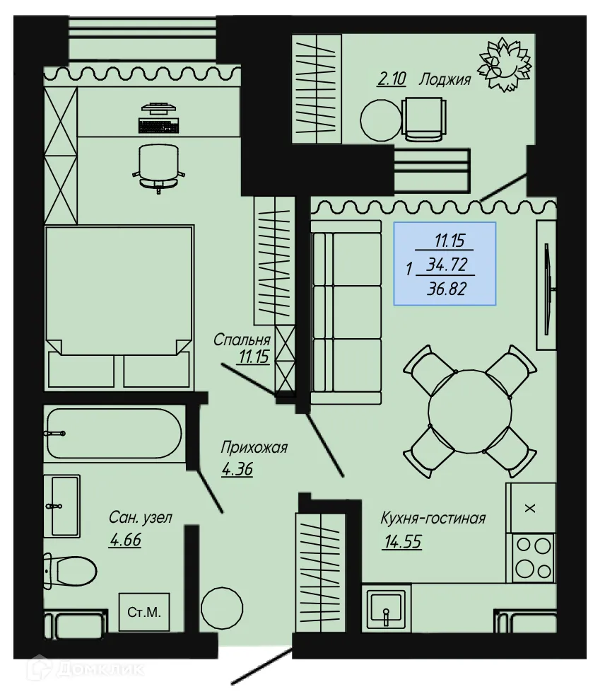 Планировка 1-комнатной квартиры 36.82 м² в ЖК Клевер, г. Волгоград — фото 1